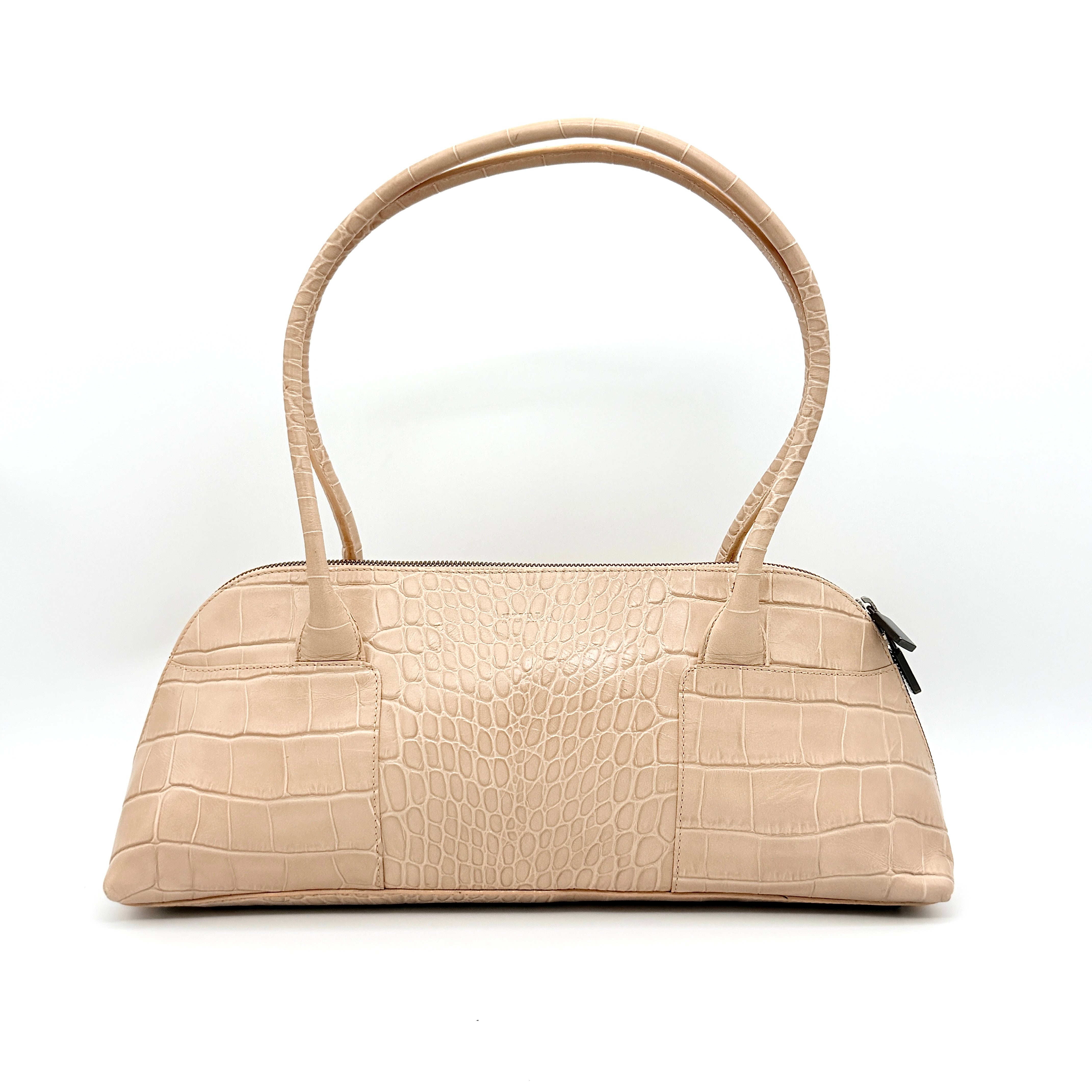 Furla Croc Embossed Leather Shoulder Bag Beige