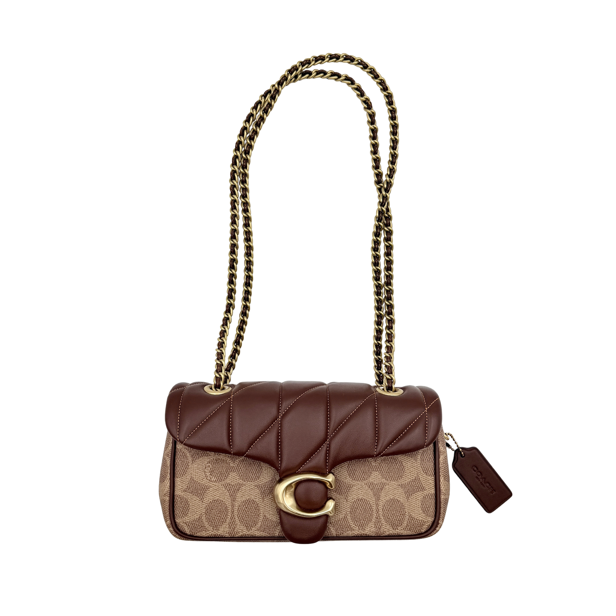 Coach Signature Quilted Tabby Shoulder Bag in brown monogram canvas with gold chain strap and oversized C clasp.