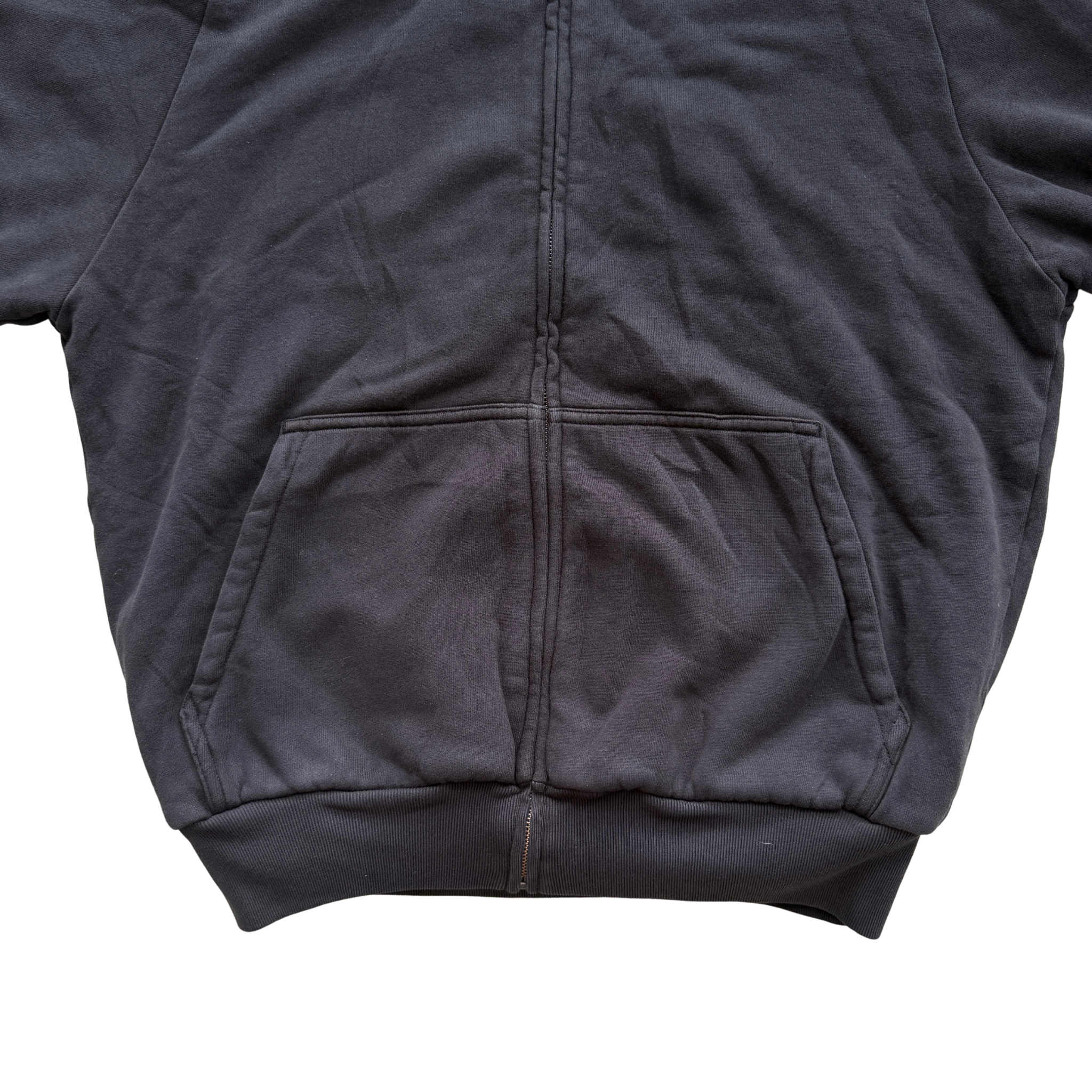 Yeezy x Gap black zip up hoodie with hood, displayed flat to show front and pocket details.
