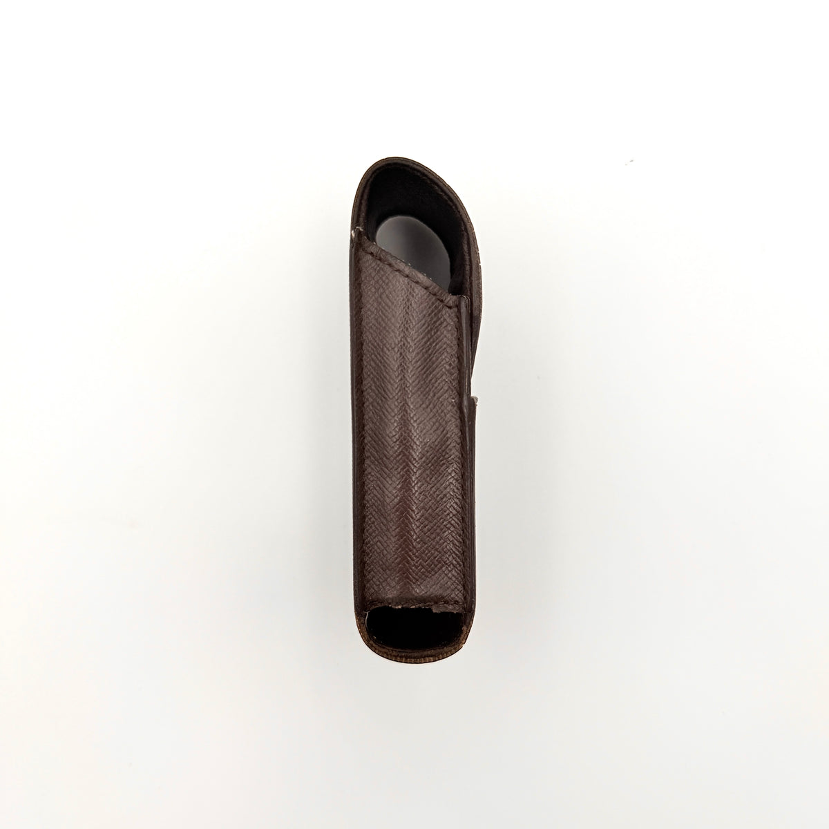 Louis Vuitton Damier Ebene Cigarette Case in brown coated canvas with original box, dust bag, and cards displayed.