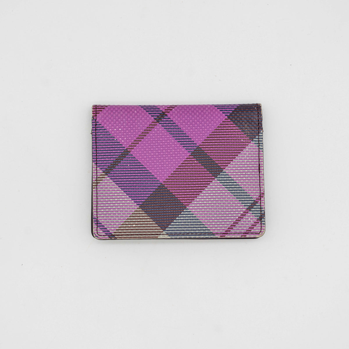 Vivienne Westwood card case in purple tartan canvas with gold Orb logo and burgundy leather interior.