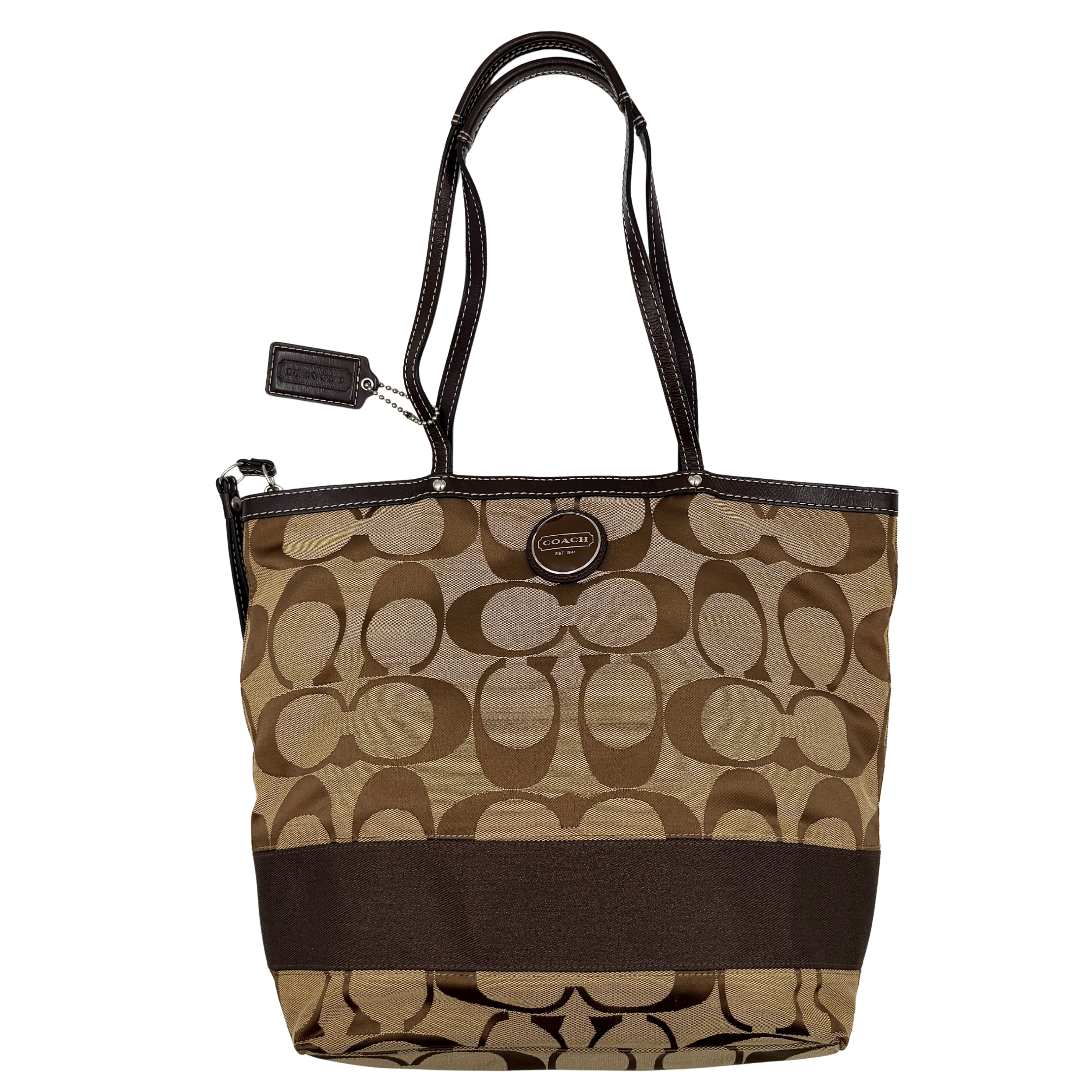 Coach Signature Stripe Tote Bag in brown and beige monogram canvas with chocolate stripe and leather handles, photographed upright.