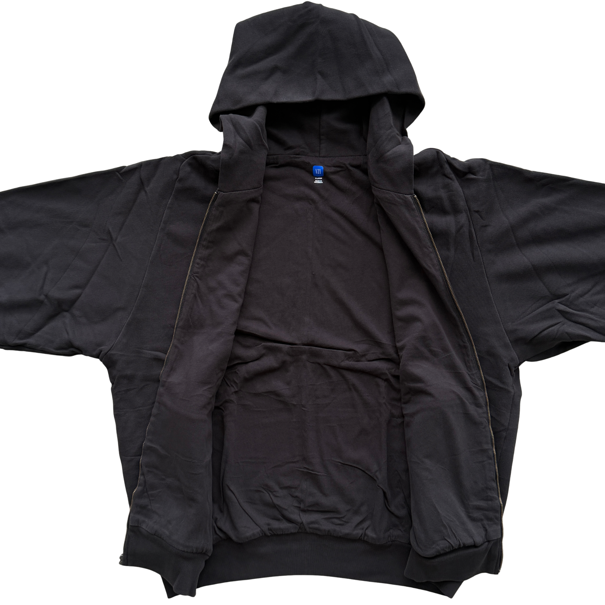 Yeezy x Gap black XL zip up hoodie with hood and front pocket, laid flat showing entire front.