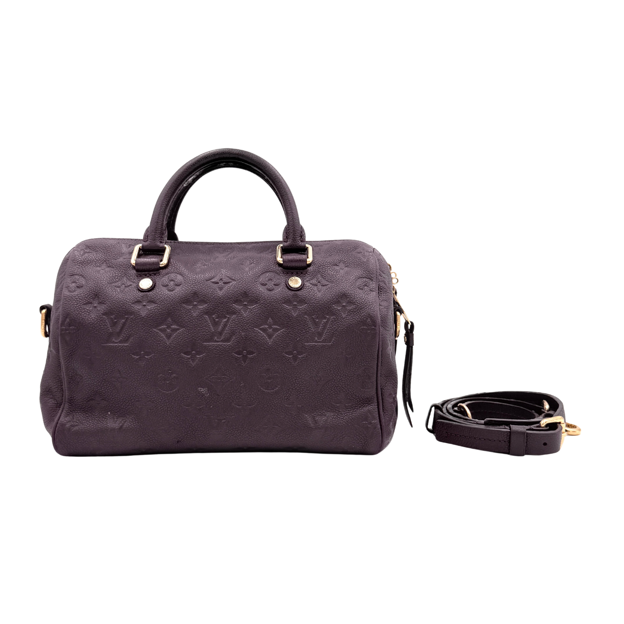 Louis Vuitton 2Way Monogram Empreinte Speedy Bandoulière 30 in deep purple grained leather with gold-tone hardware and detachable strap.