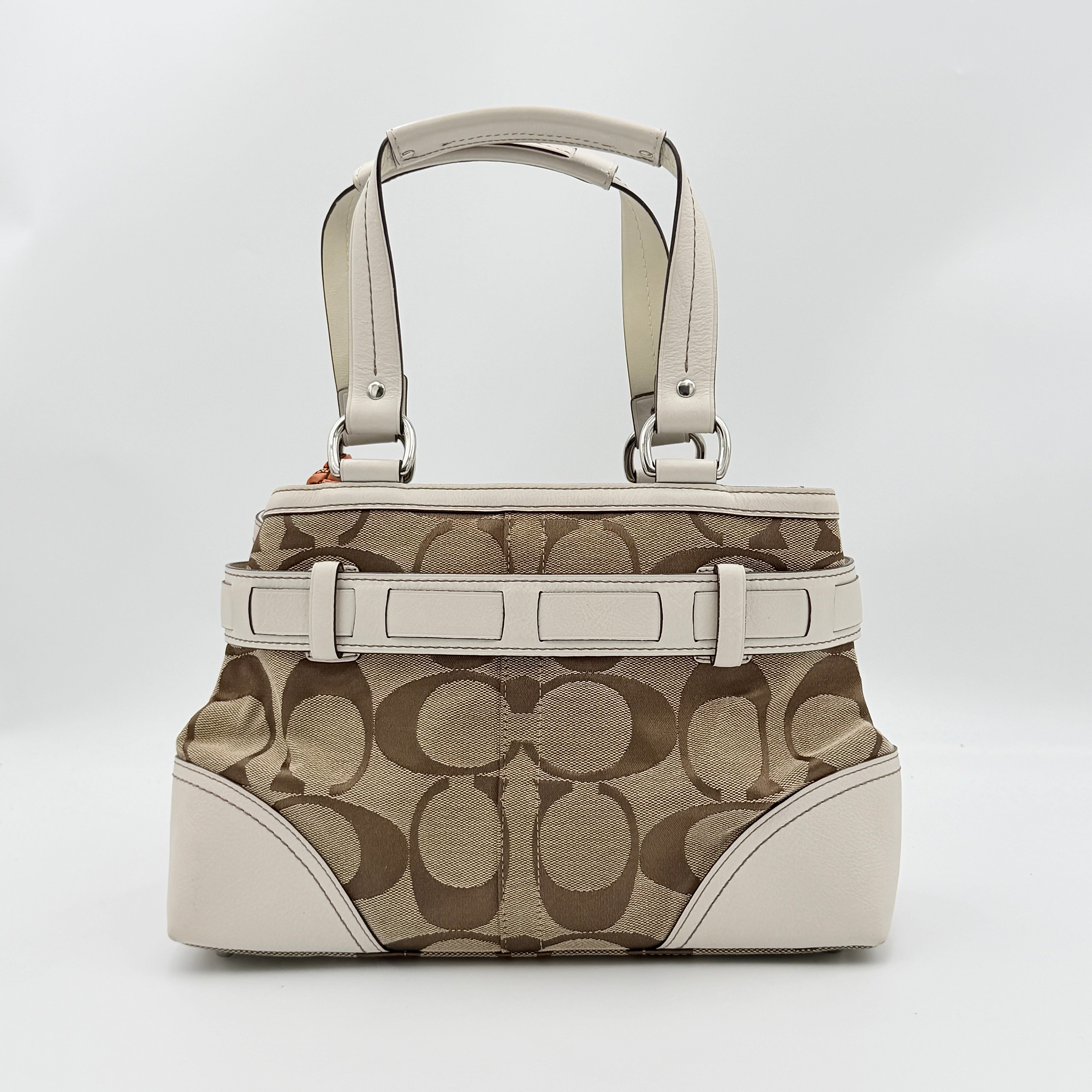 Coach Signature Hampton Python Stripe Handbag in multicolour leather and canvas with silver-tone hardware and an orange scarf detail.