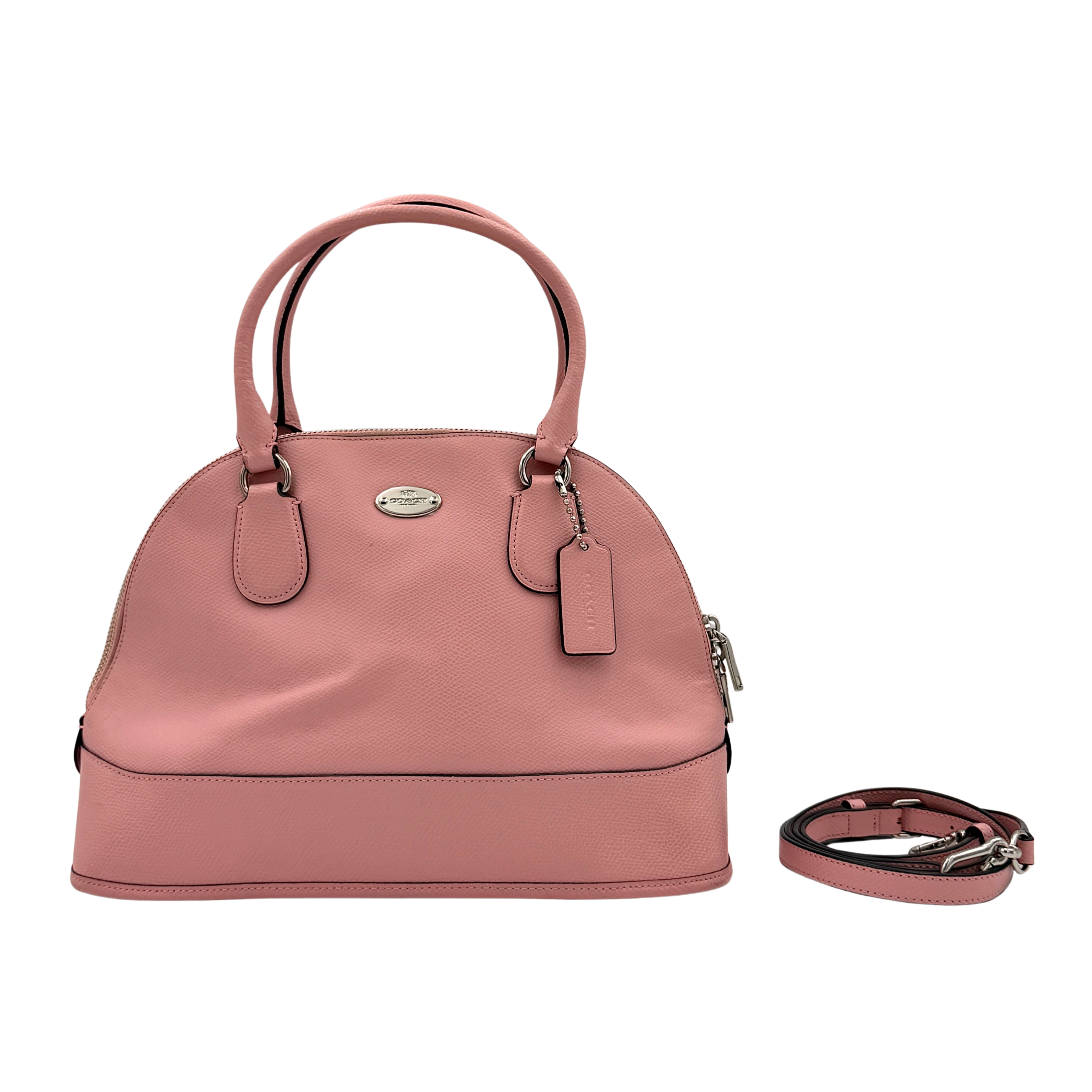Coach Cora Domed Handbag in light pink leather with silver hardware, styled with double handles and detachable strap.