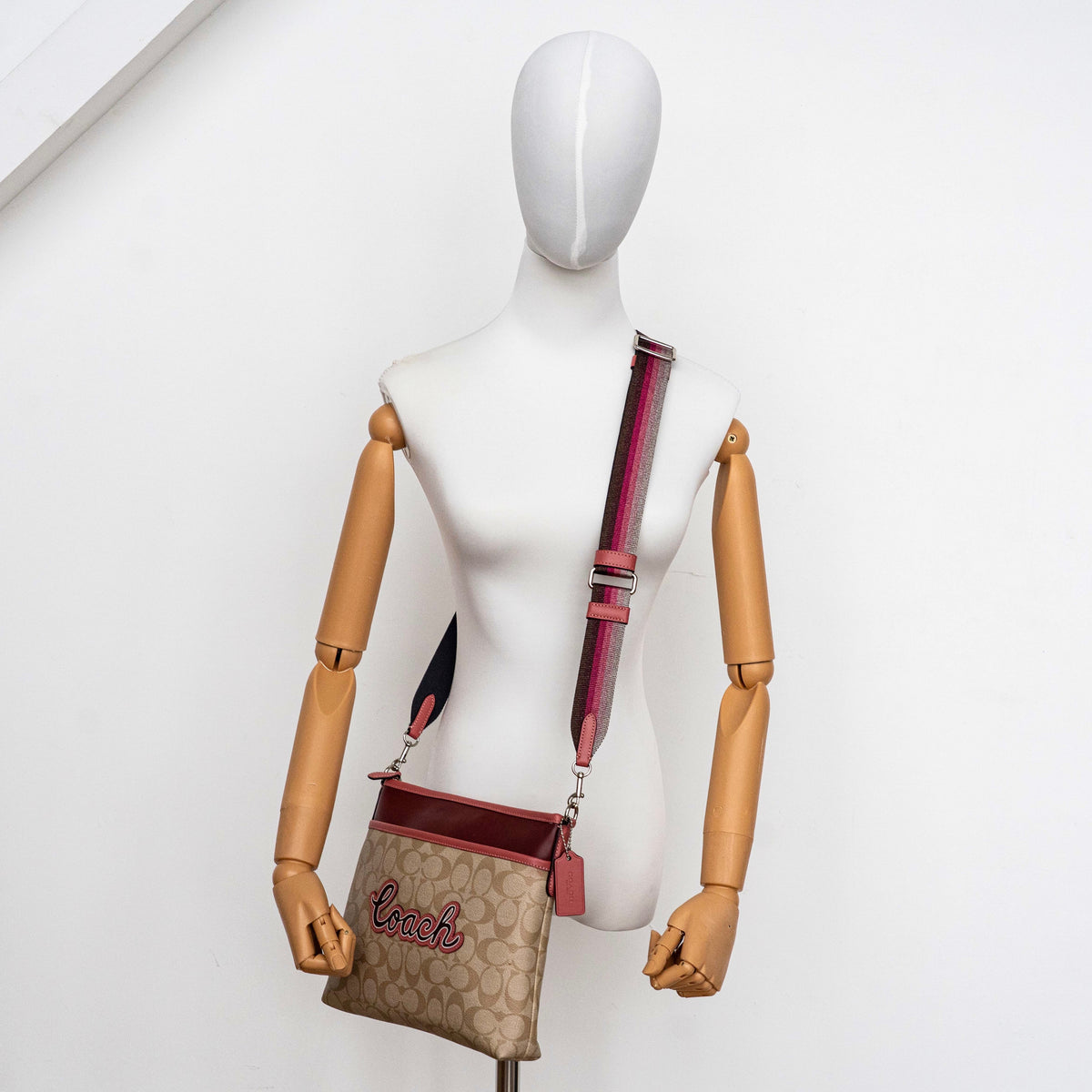 Coach Signature Script File Crossbody Bag Beige/Burgundy