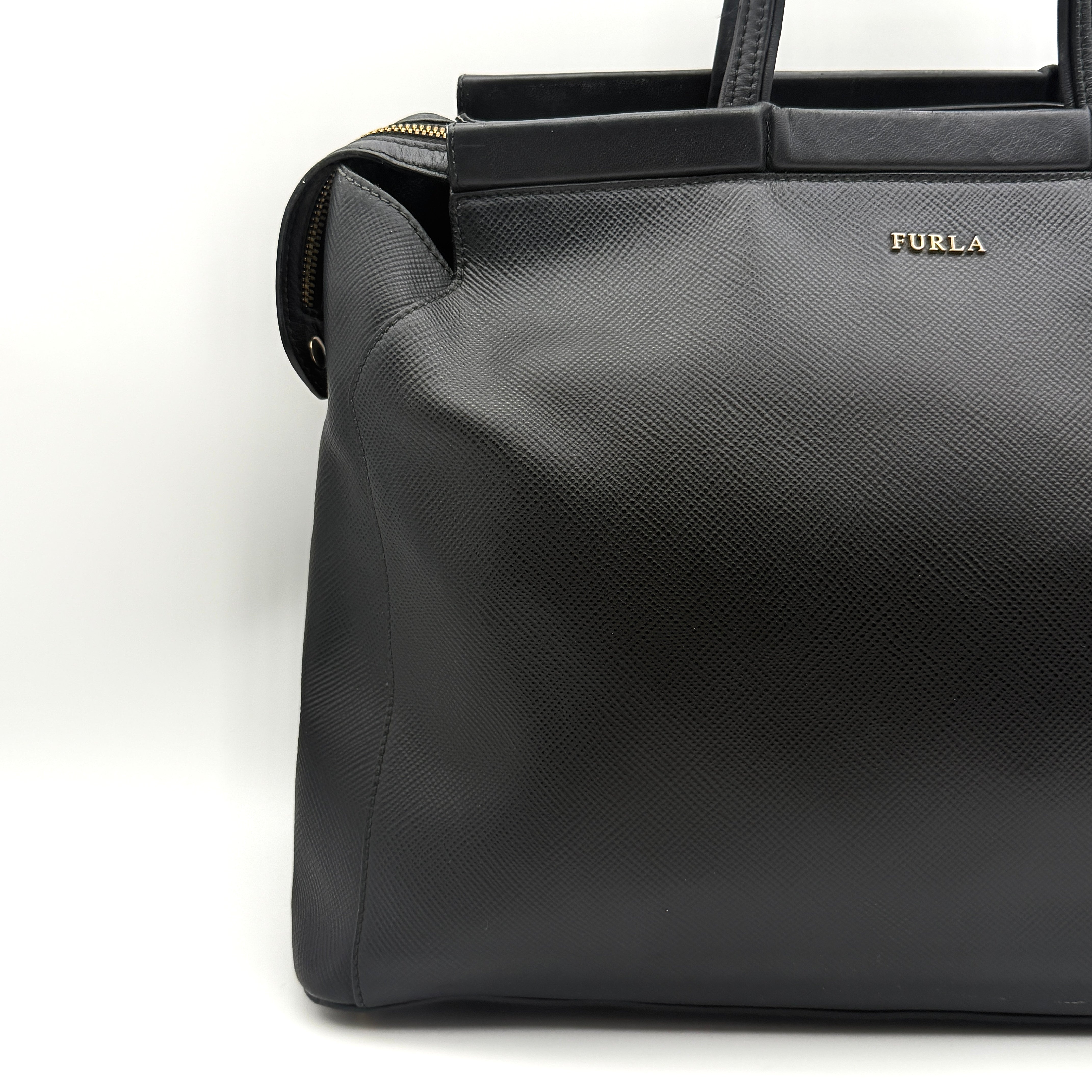 Furla 2Way Leather Zip Top Tote Bag Black