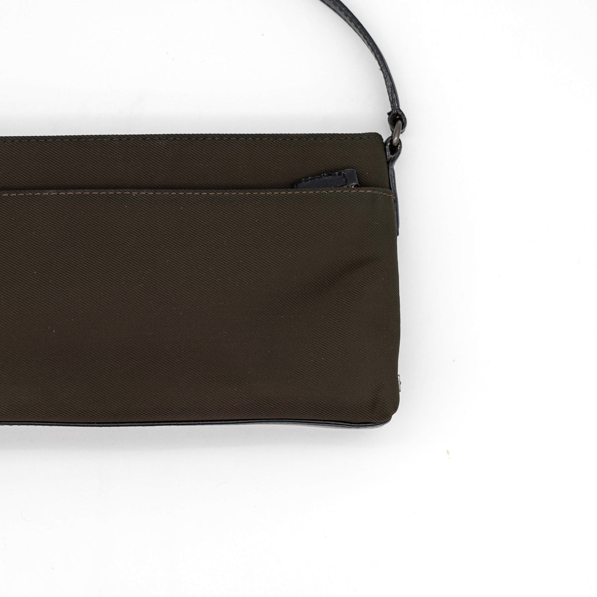 Coach Mercer Demi Tote Bag in brown nylon with black leather trim and gunmetal hardware, shown with signature Coach tag.