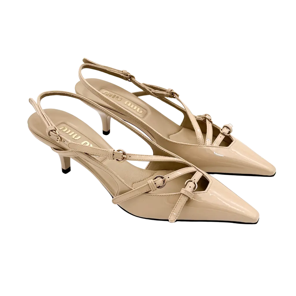 (34) Miu Miu Buckled Patent Slingback Pumps Heels Beige