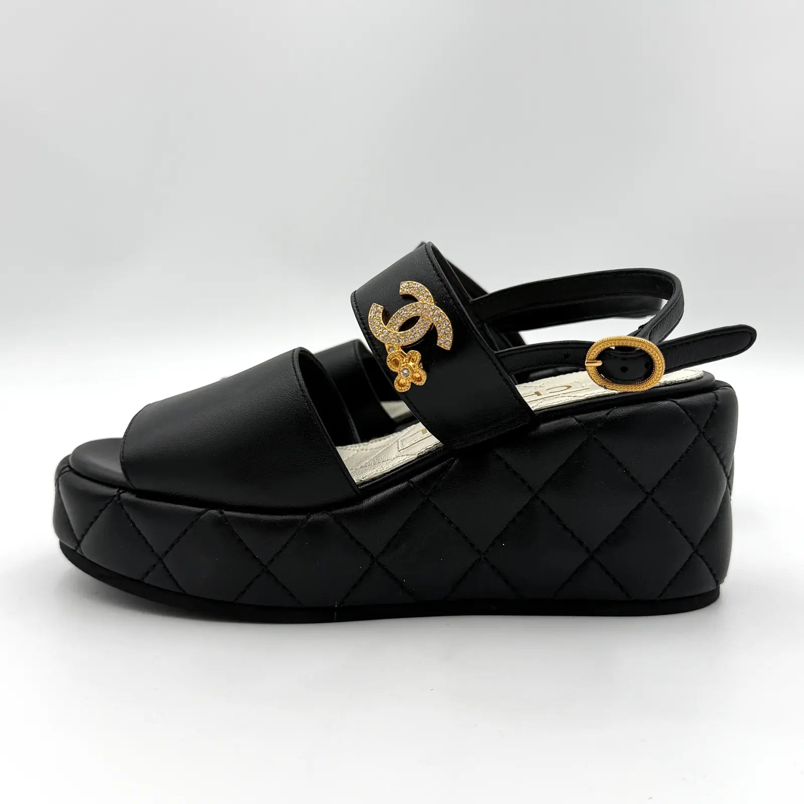 (EU34C) Chanel CC Quilted Leather Wedge Platform Sandals Black