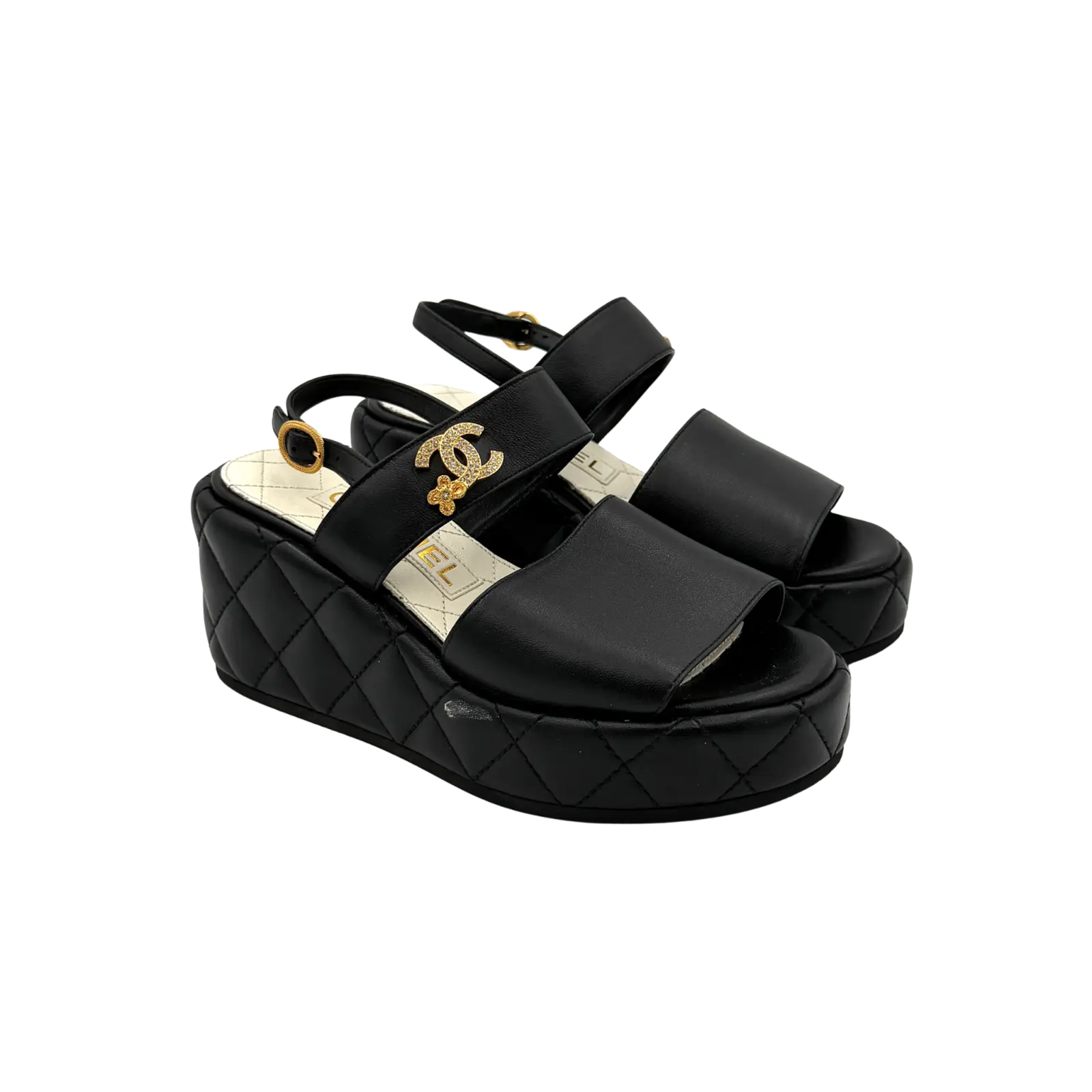 (EU34C) Chanel CC Quilted Leather Wedge Platform Sandals Black