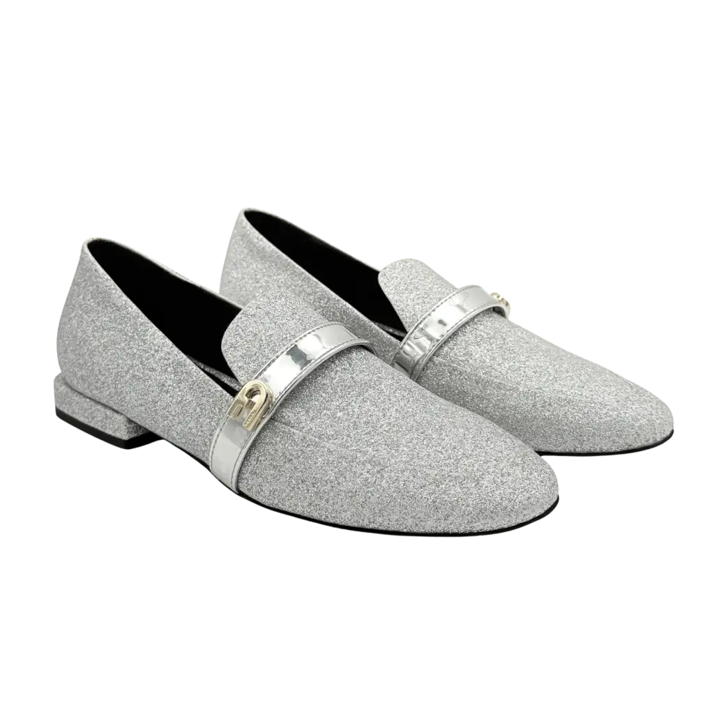 (EU36) Furla 1927 T.20 Argento Microglitter Loafers Silver