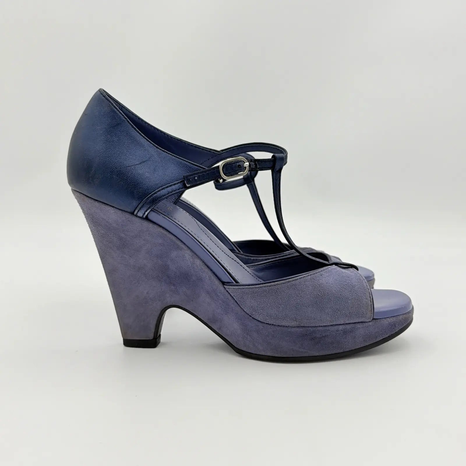 (EU36) Tod's Suede T-Strap Platform Wedge Sandals Blue
