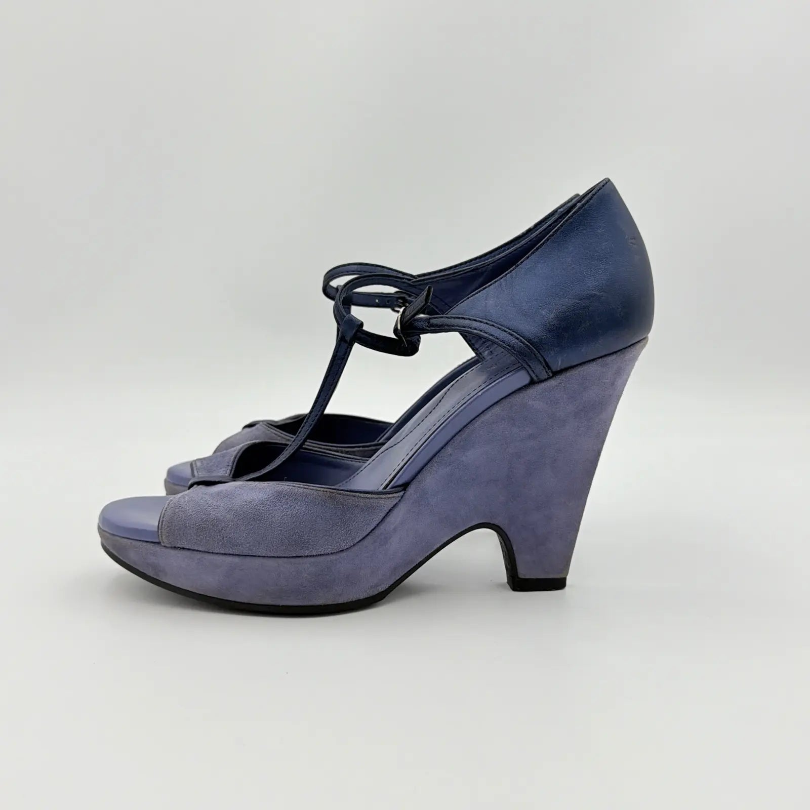 (EU36) Tod's Suede T-Strap Platform Wedge Sandals Blue