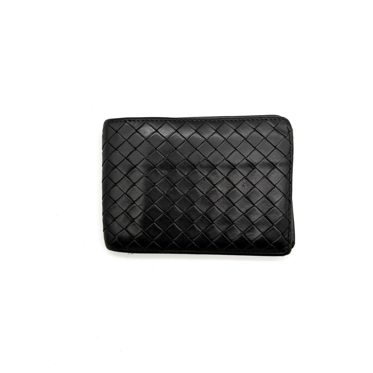 Bottega Veneta black Intrecciato woven leather wallet, shown closed against a white background.