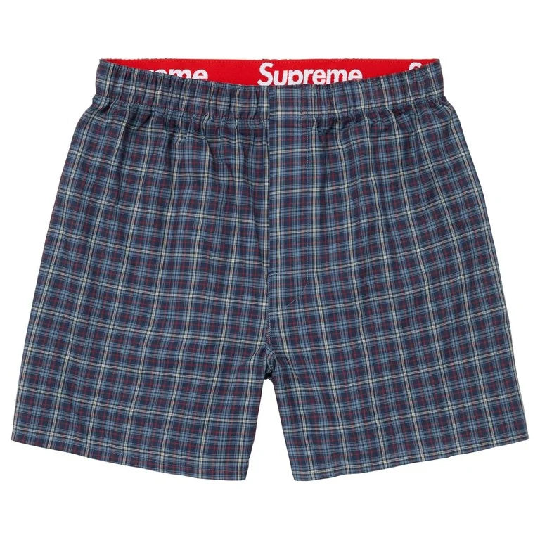 Supreme x Hanes multicolour plaid boxers 4 pack with original packaging, shown in four colours and iconic red Supreme waistband.