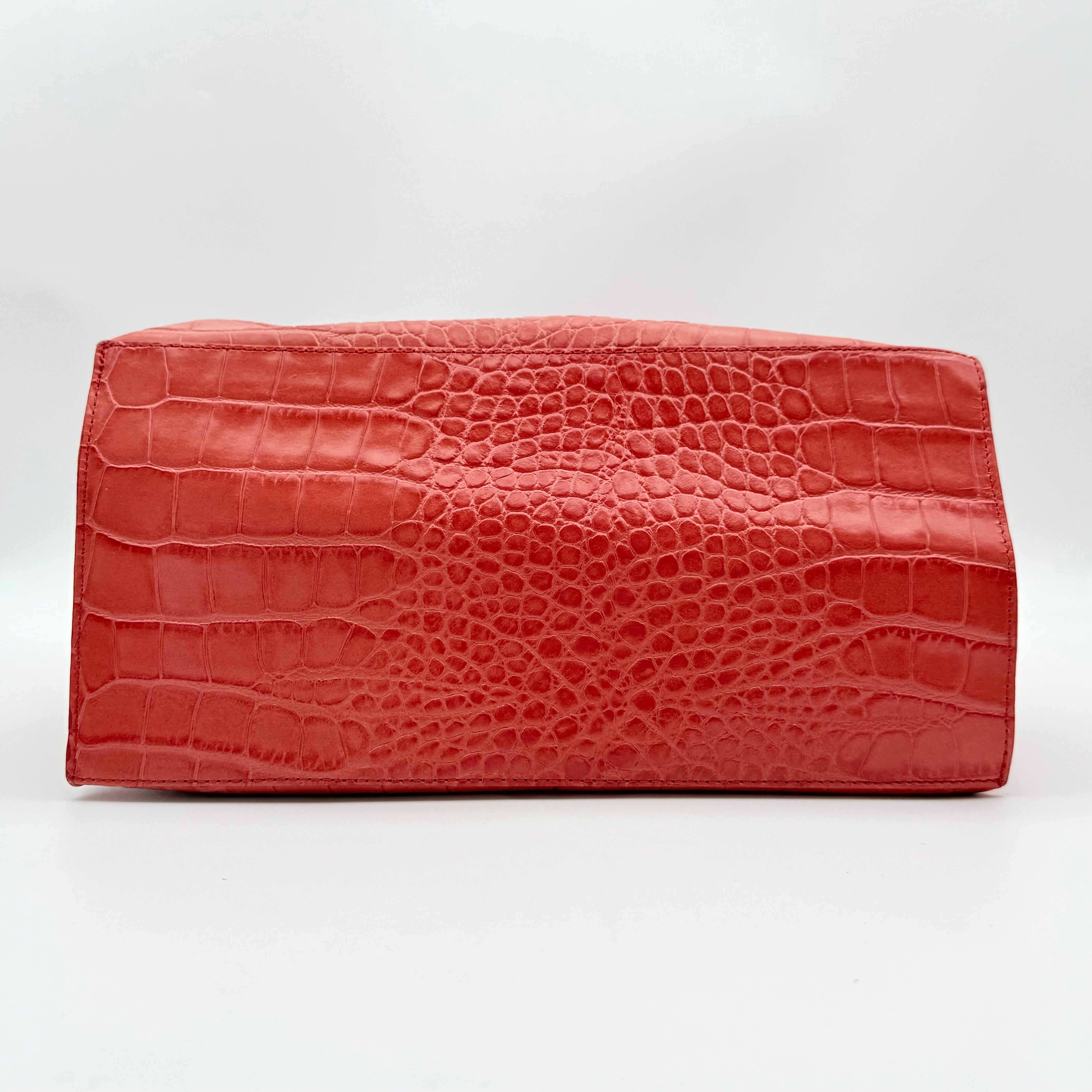 Furla Croc Embossed Leather Tote Bag Orange