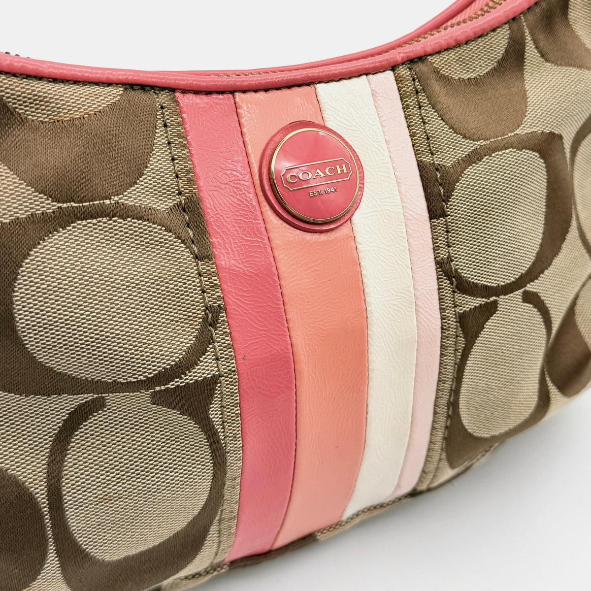 Coach 2Way Signature Stripe Shoulder Bag Beige/Pink