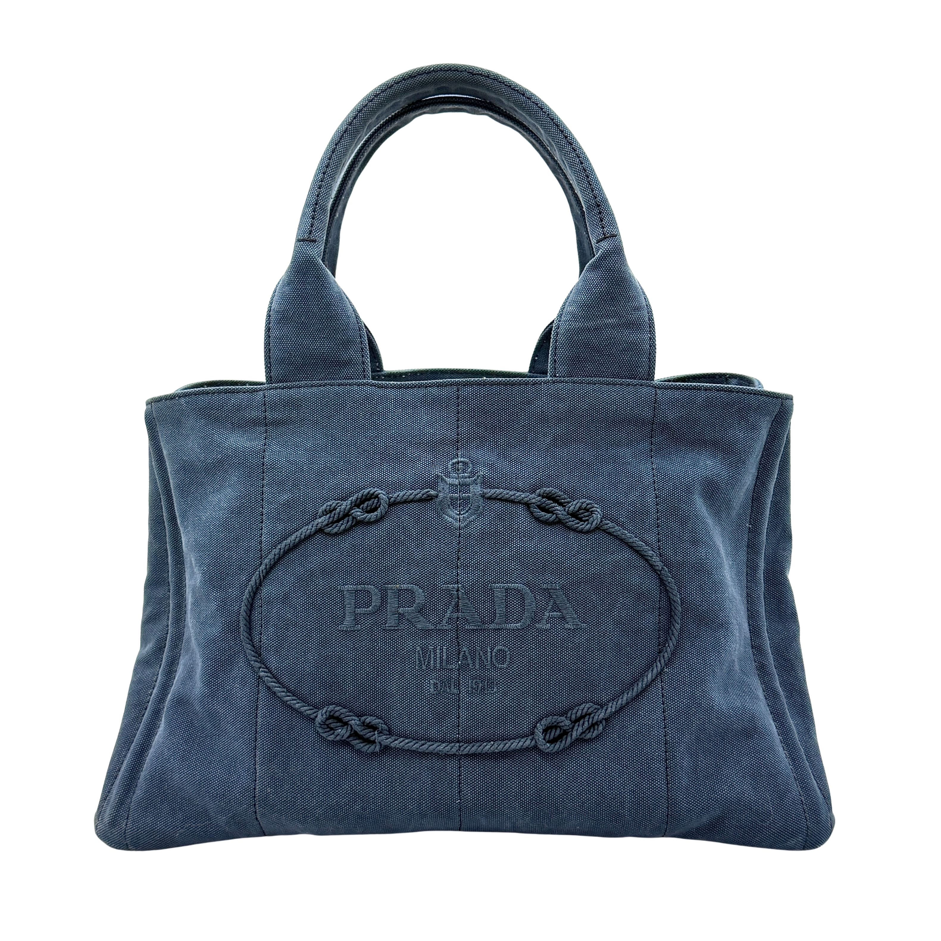 Prada Canapa Embroidered Logo Tote Bag Blue