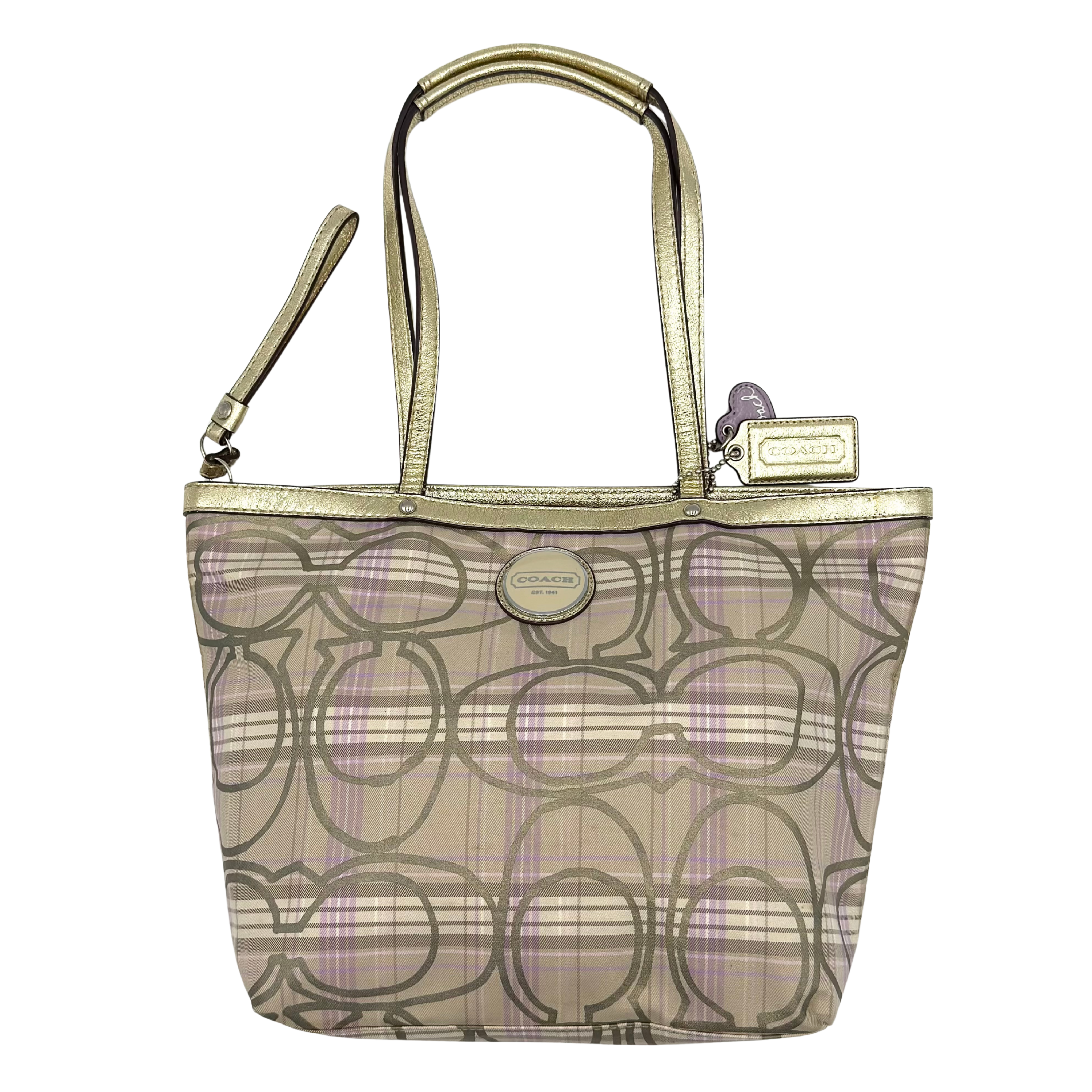 Coach Signature Plaid Tartan Tote Bag Purple/Gold