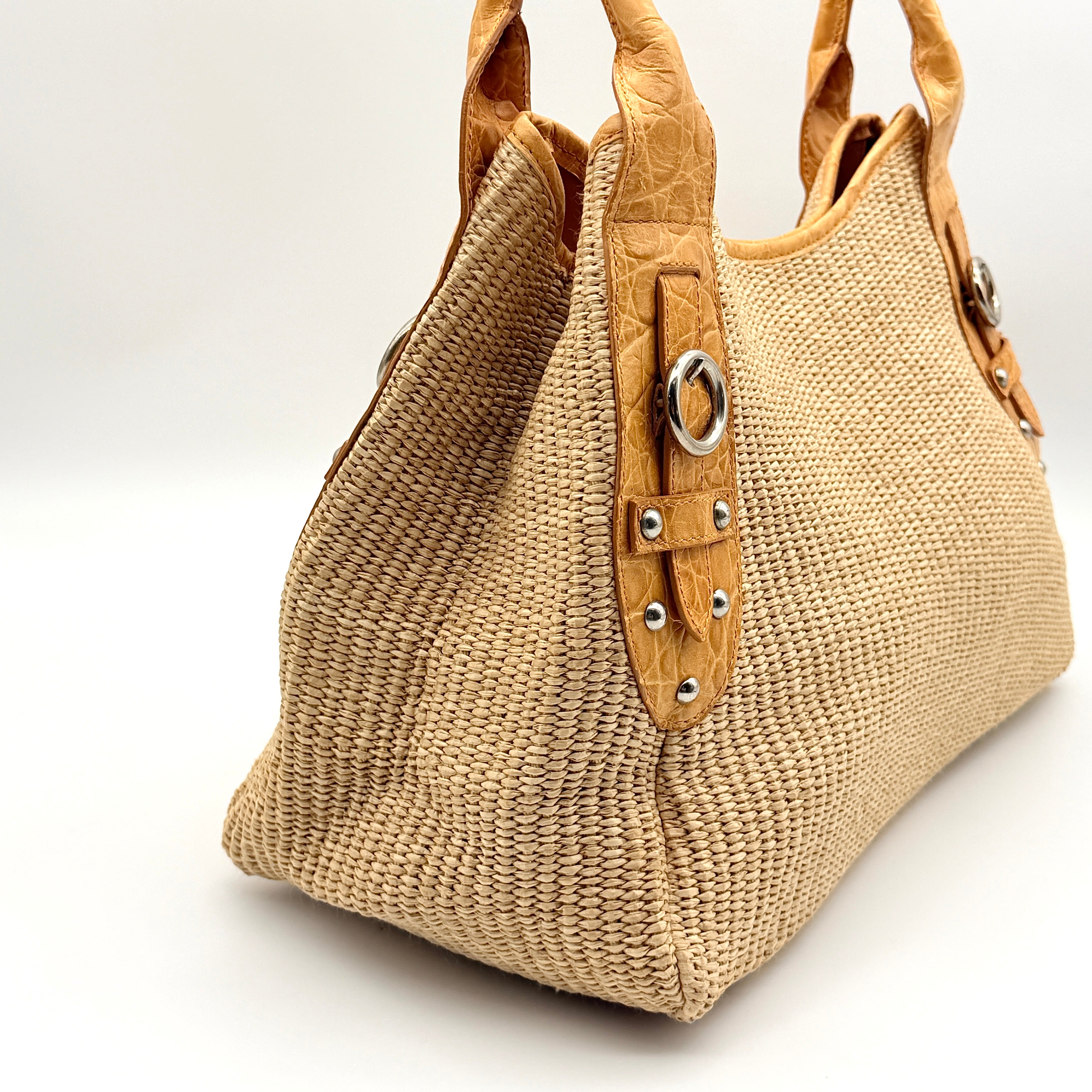 Furla Raffia Leather Tote Bag Tan