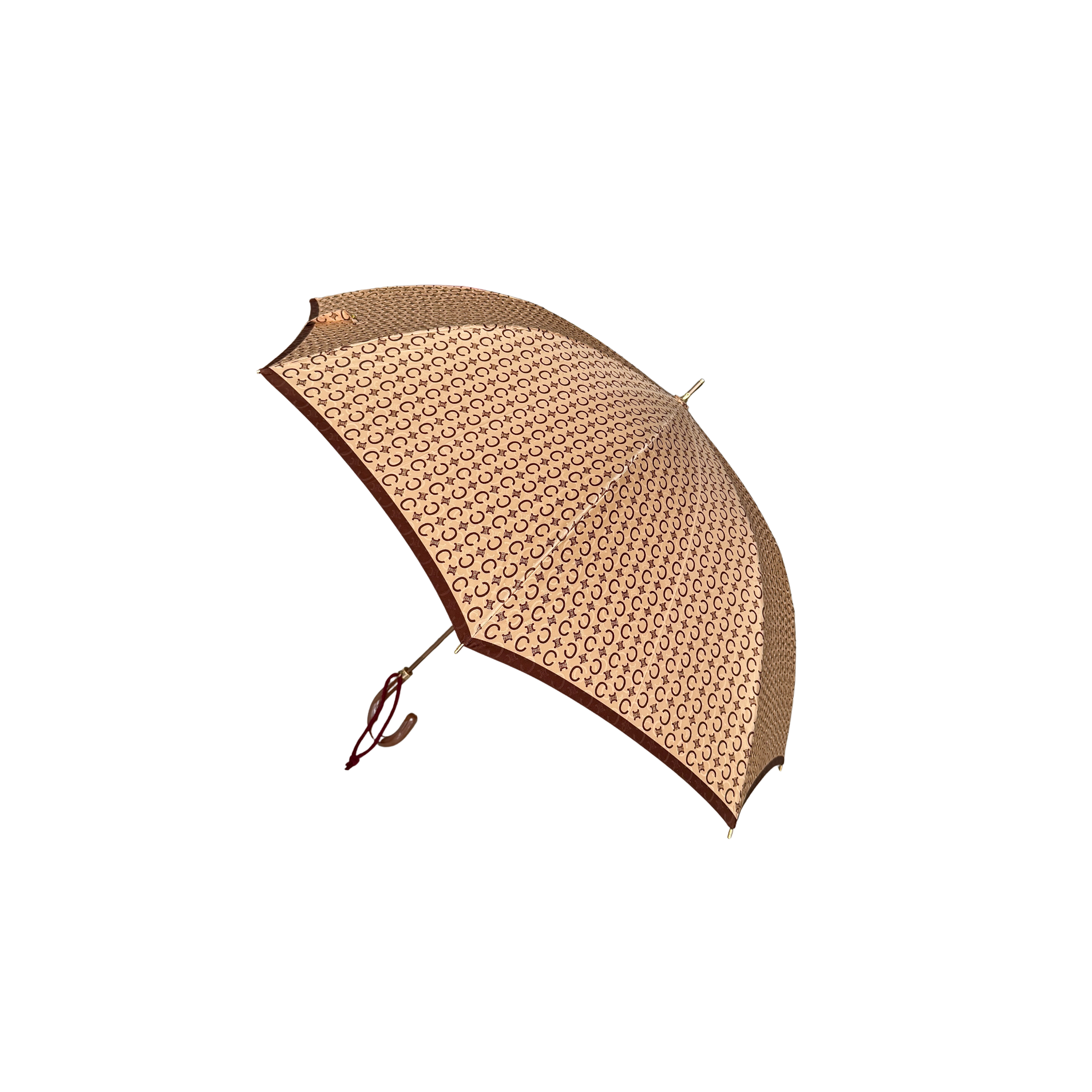 Celine Macadam Monogram Umbrella in brown and beige with classic curved handle and signature all-over logo pattern.