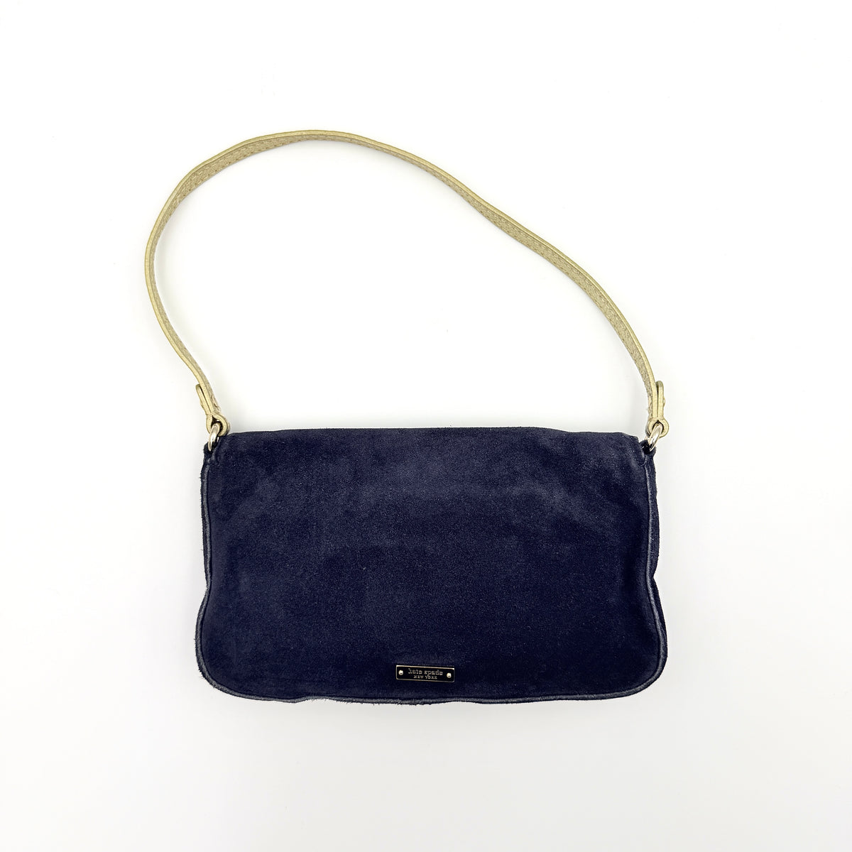 Navy blue suede Kate Spade baguette bag with floral gold hardware and gold-tone shoulder strap.