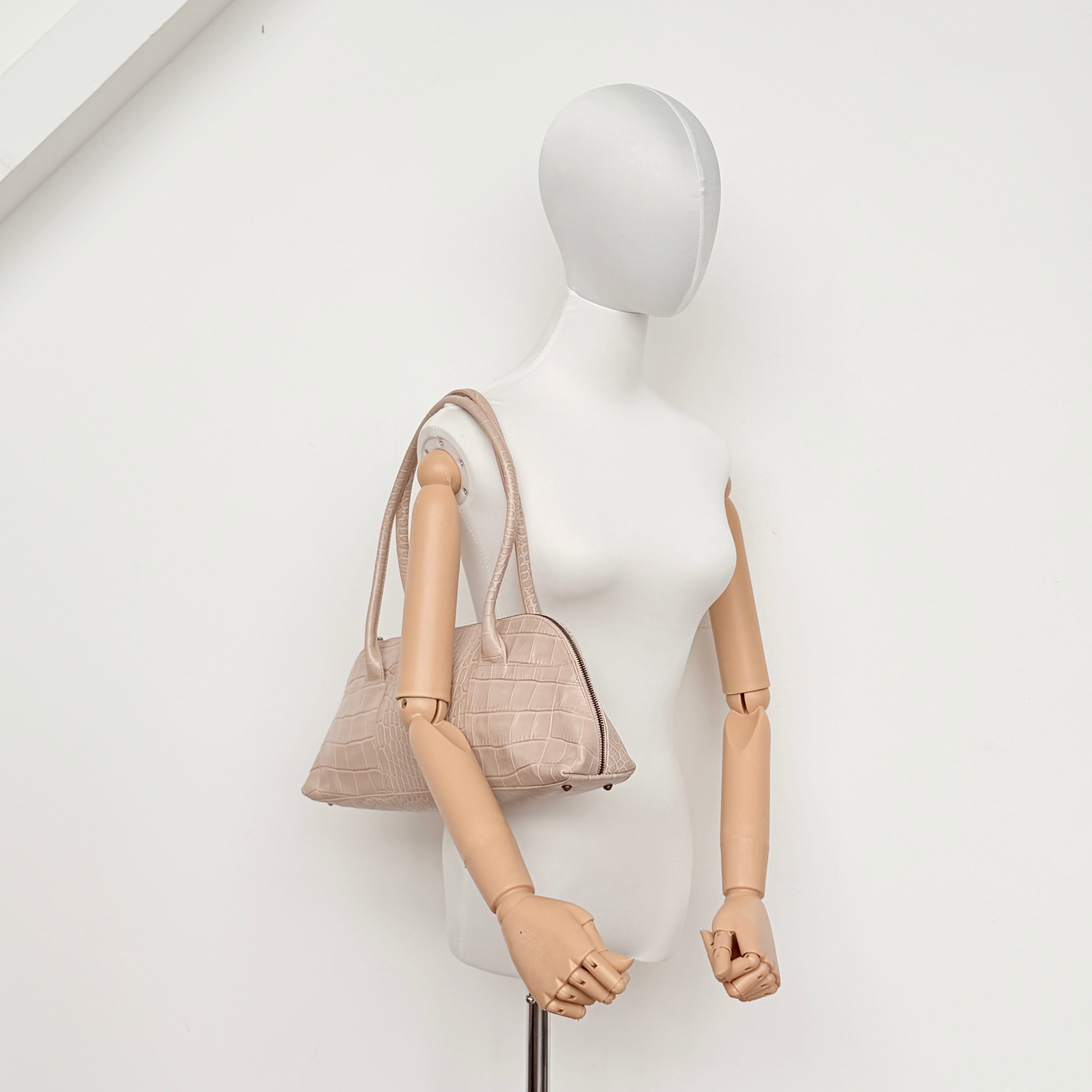Furla Croc Embossed Leather Shoulder Bag Beige