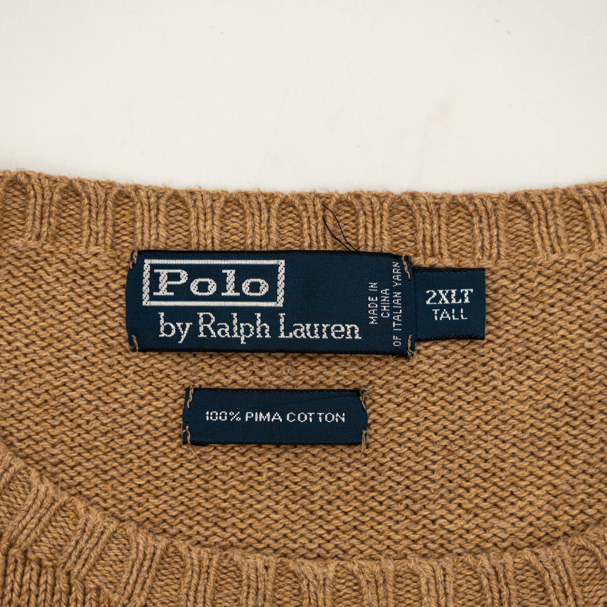 Polo Ralph Lauren brown Pima cotton knit crewneck sweater with embroidered pony logo, displayed flat.