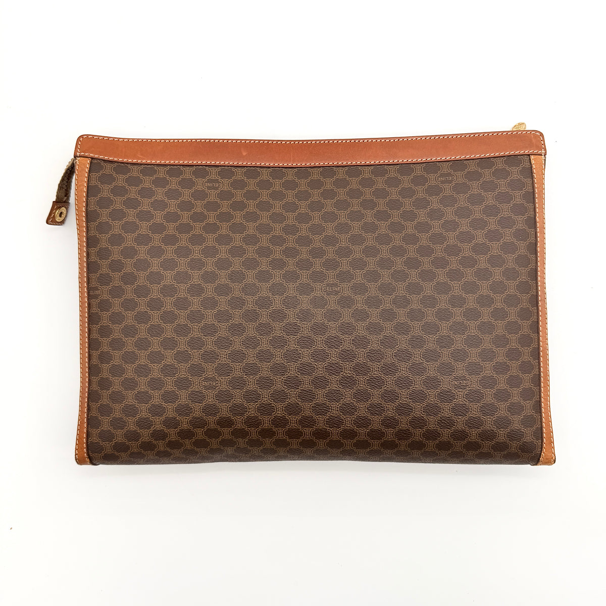 Celine Triomphe Macadam Clutch Bag in brown coated canvas with leather trim, shown against a white background.