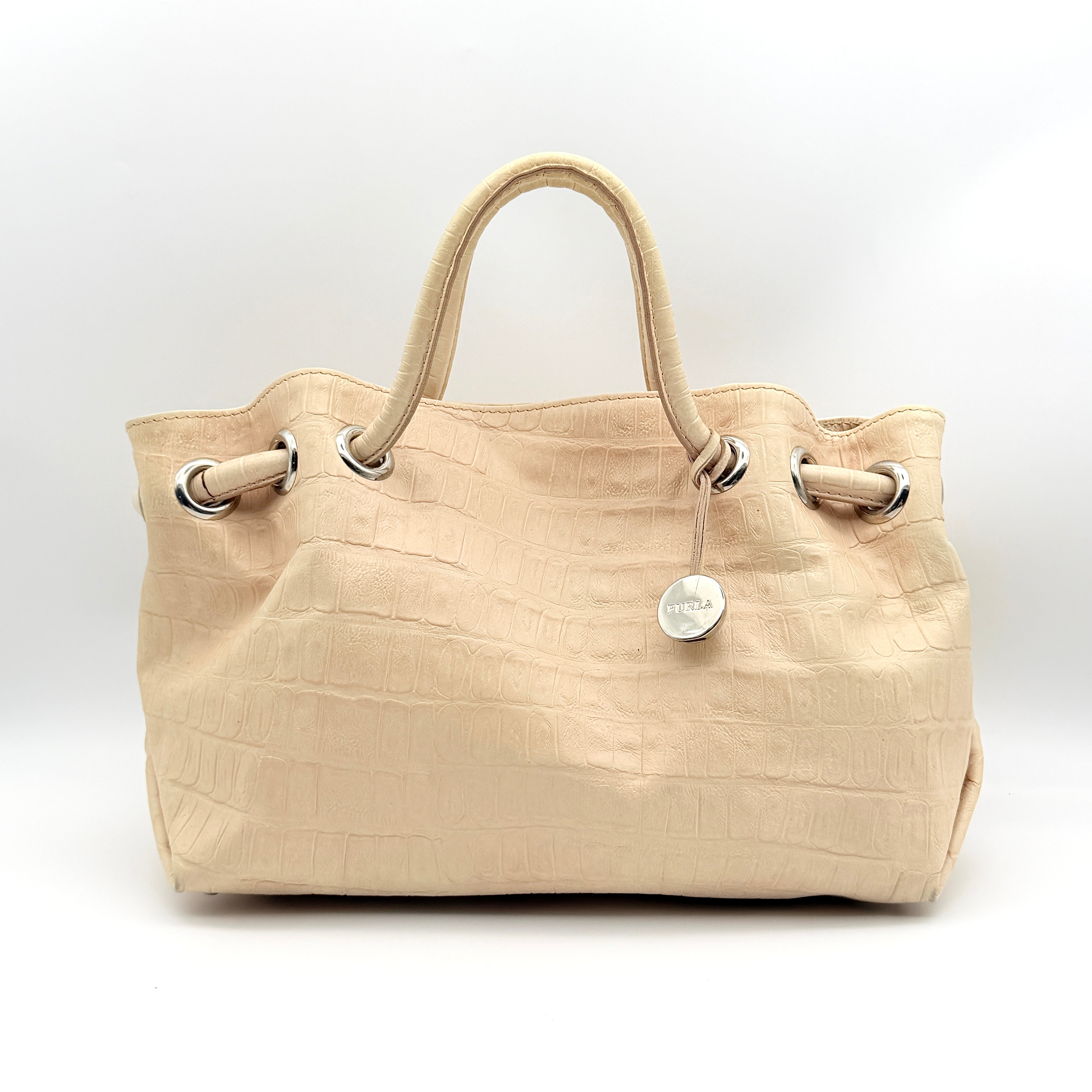 Furla Croc Embossed Leather Handbag Beige