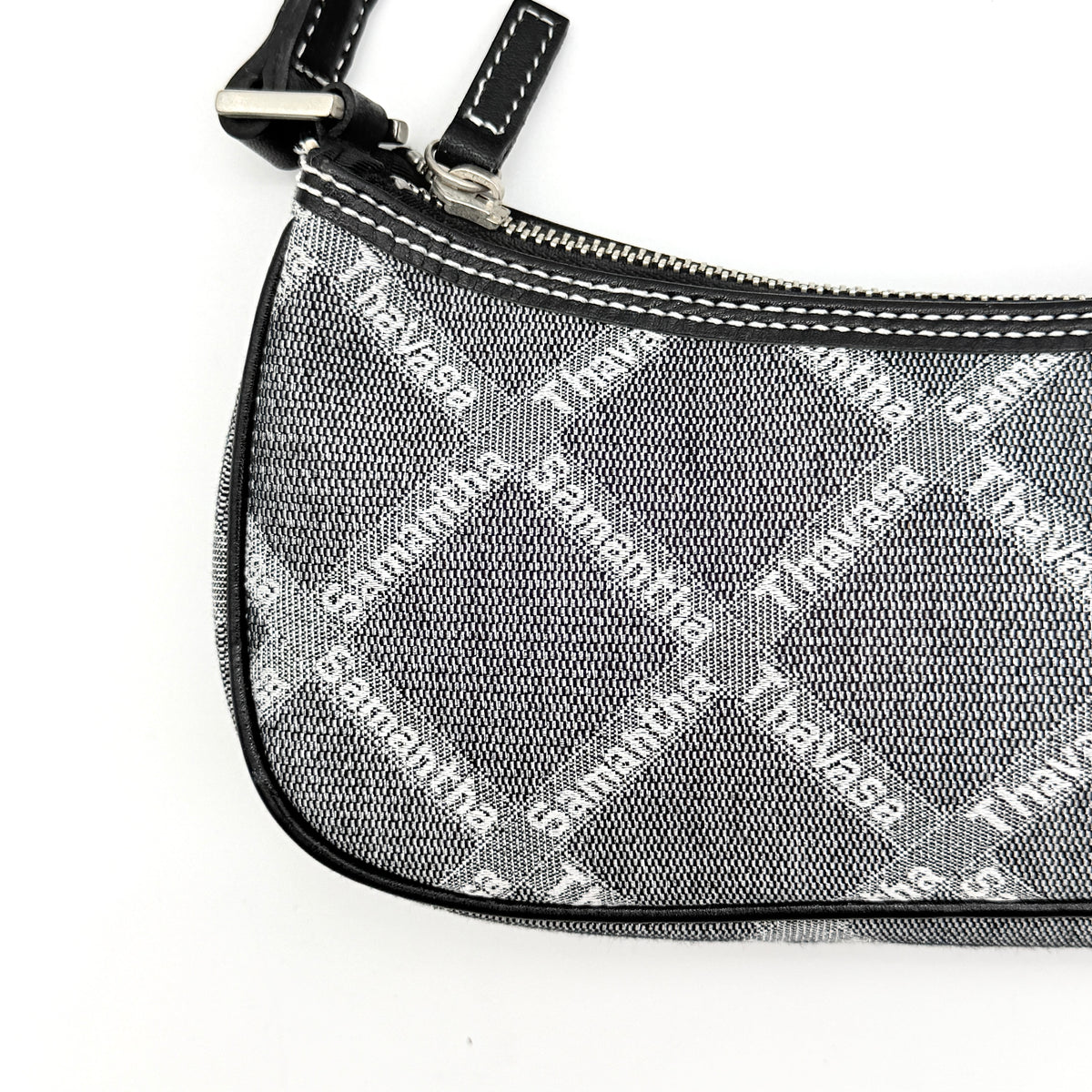 Samantha Thavasa Monogram Baguette Shoulder Bag in grey and black with all-over logo print and black strap.