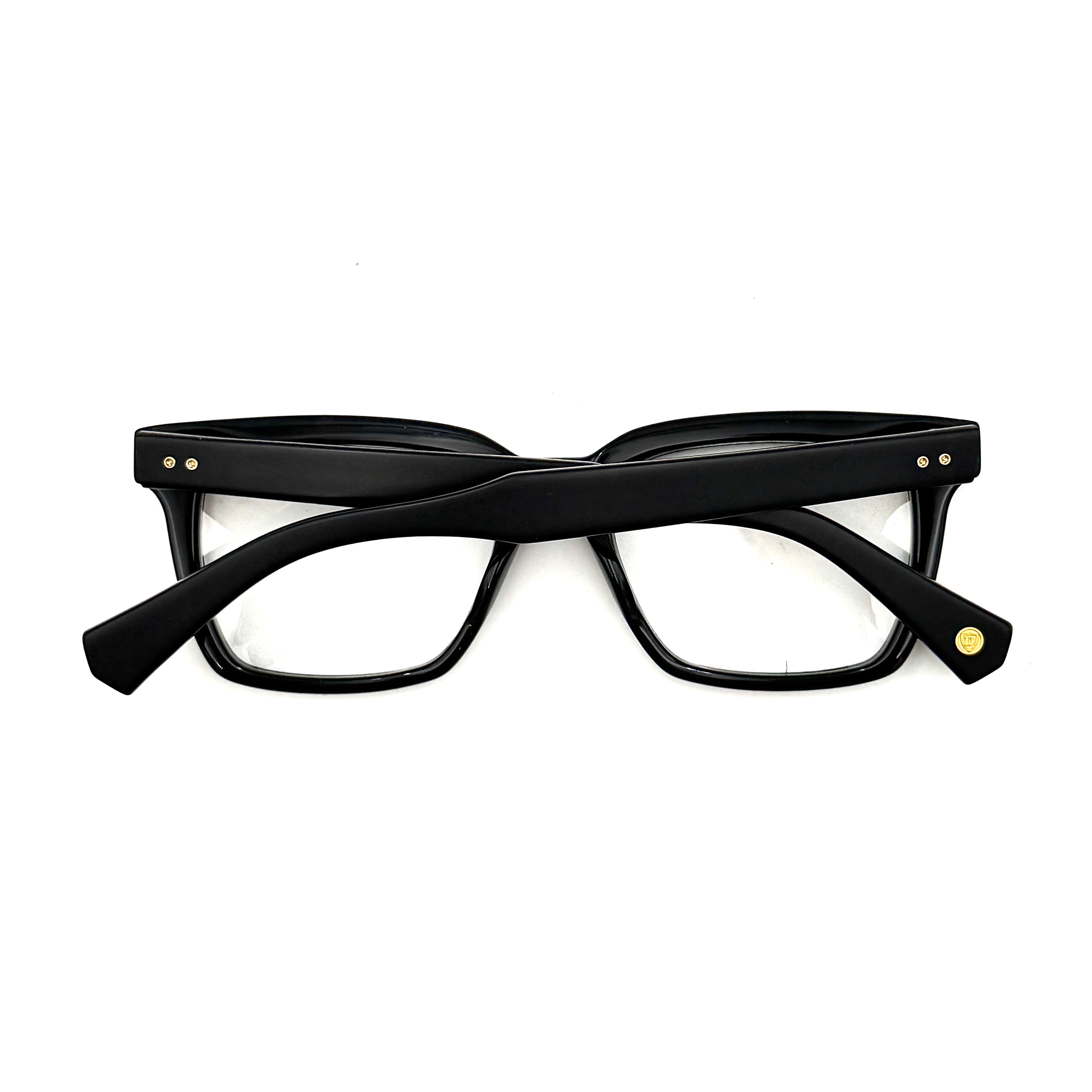 DITA Sequoia DRX-2086 black square-frame sunglasses with gold-tone accents and branded case.