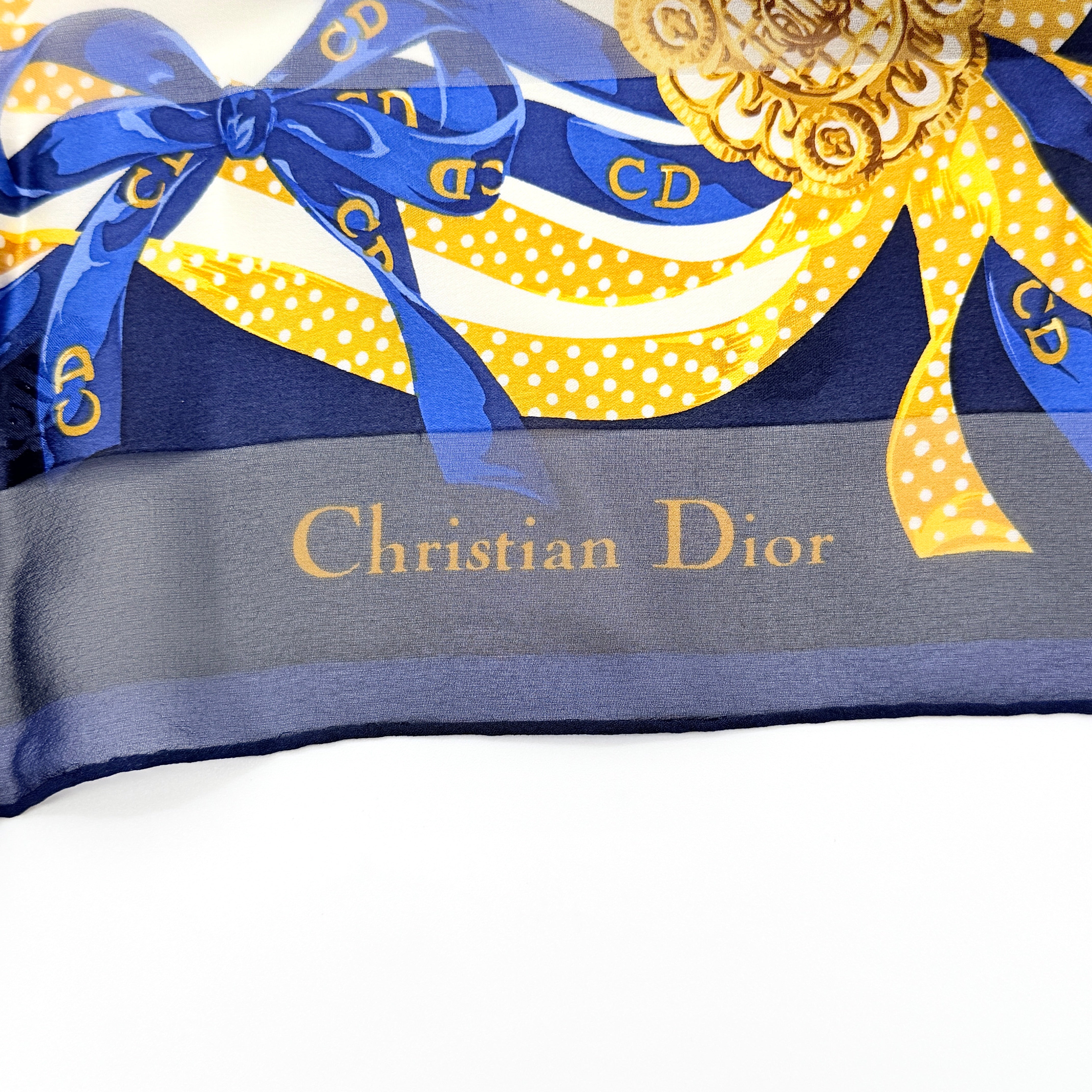 Dior Polka Dot Ribbon Silk Scarf Navy Blue