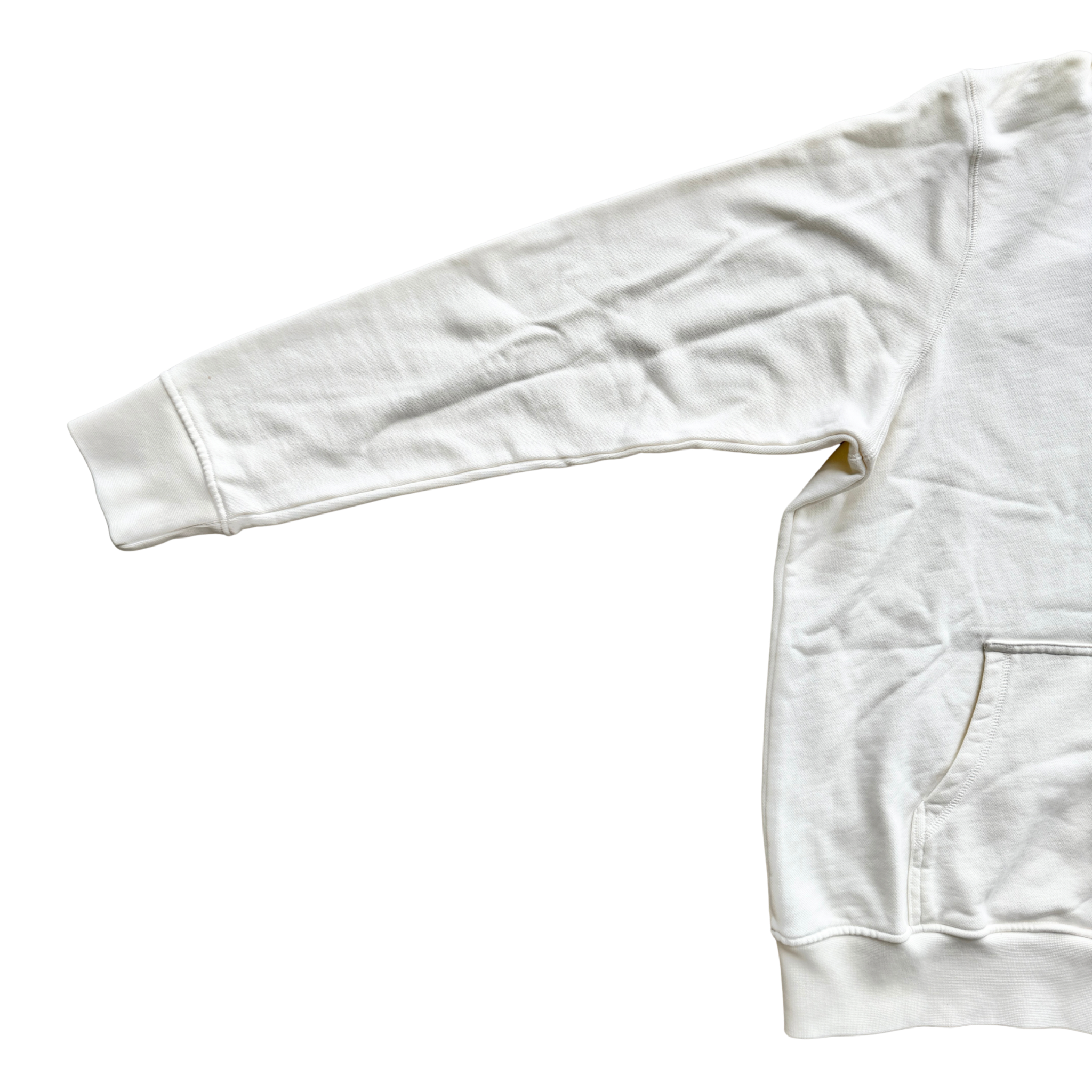 Casablanca off-white hoodie with a red logo patch and kangaroo pocket, laid flat and showing the front view.