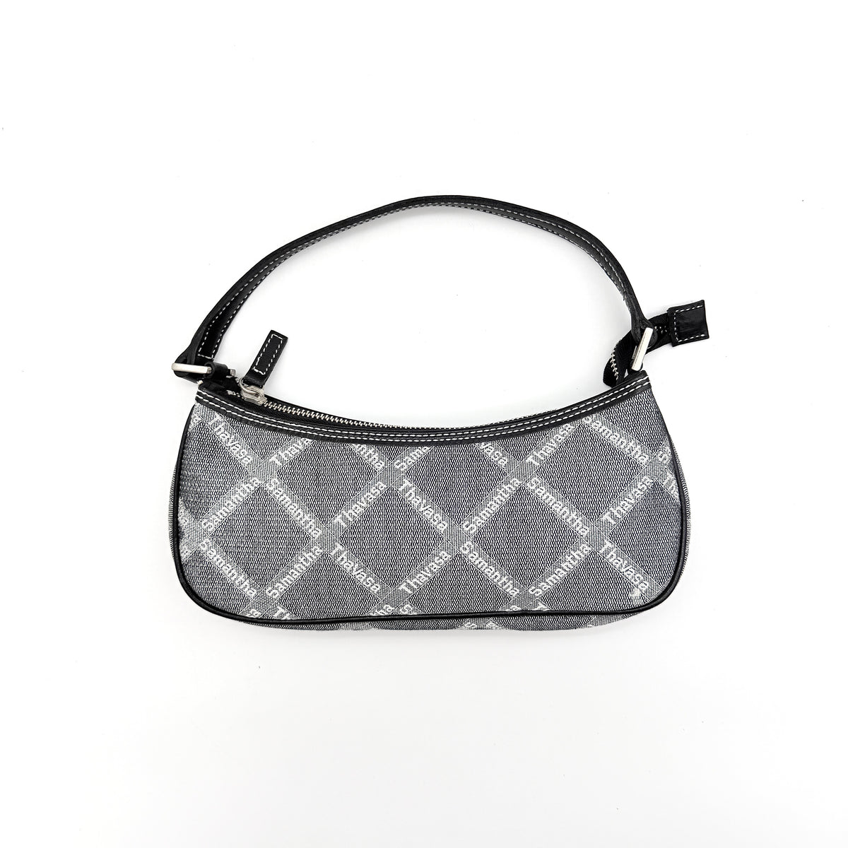 Samantha Thavasa Monogram Baguette Shoulder Bag in grey and black with all-over logo print and black strap.