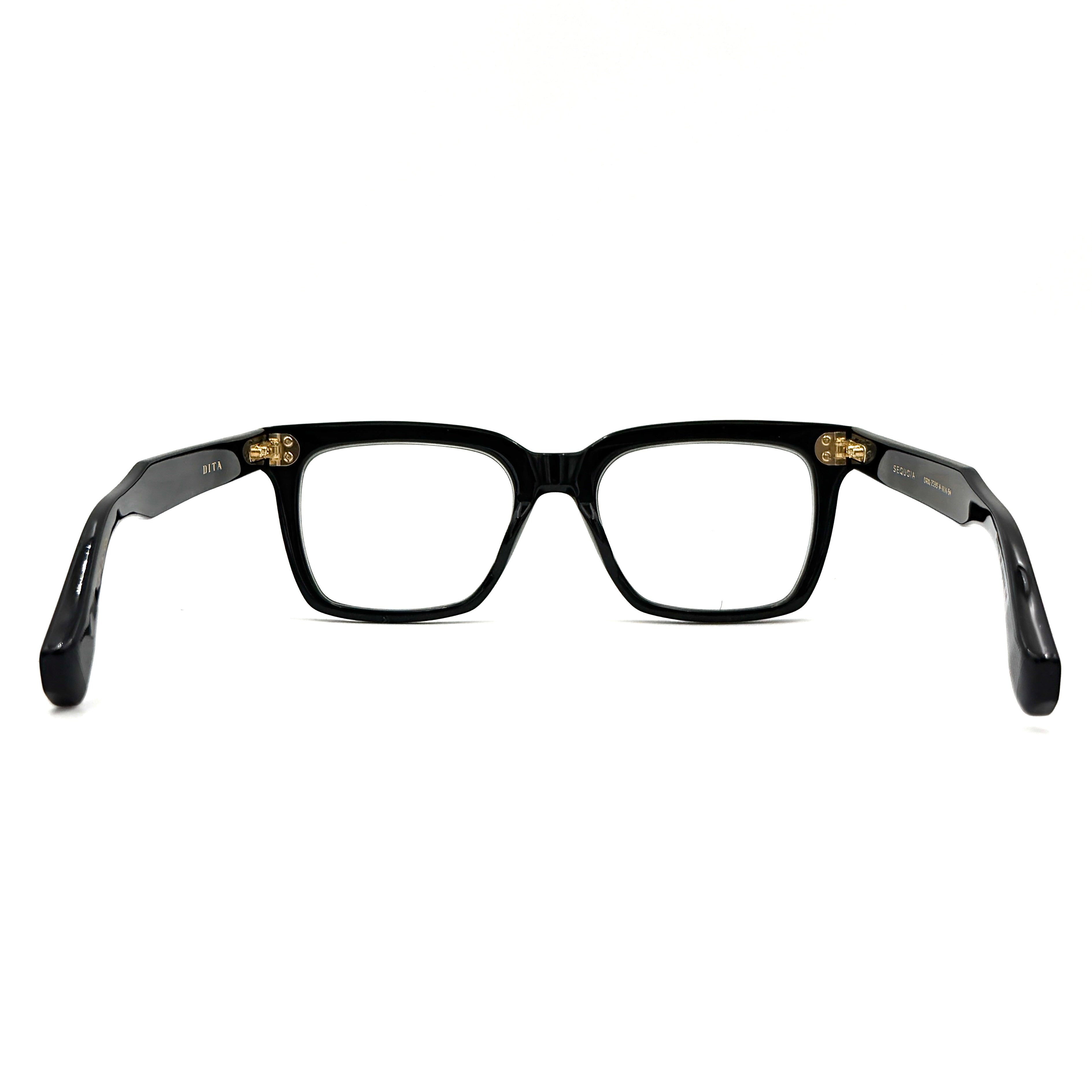 DITA Sequoia DRX-2086 black square-frame sunglasses with gold-tone accents and branded case.