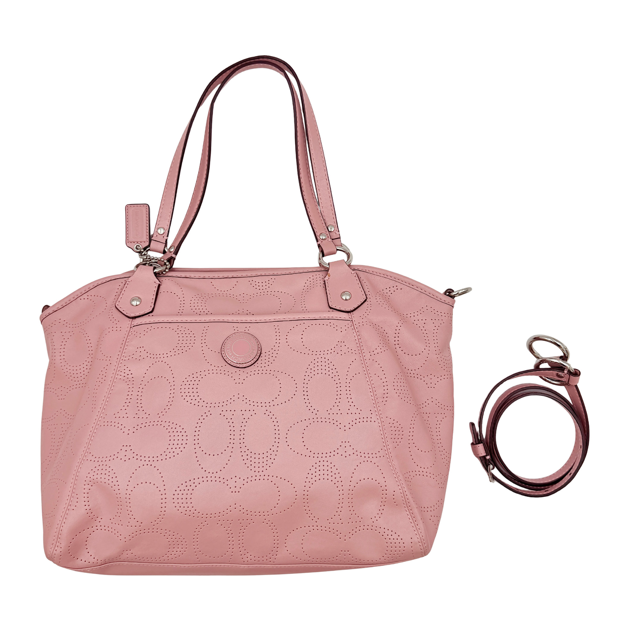 Coach 2Way Perforated Shoulder Bag in soft pink leather with silver hardware and detachable strap, displayed on a white background.