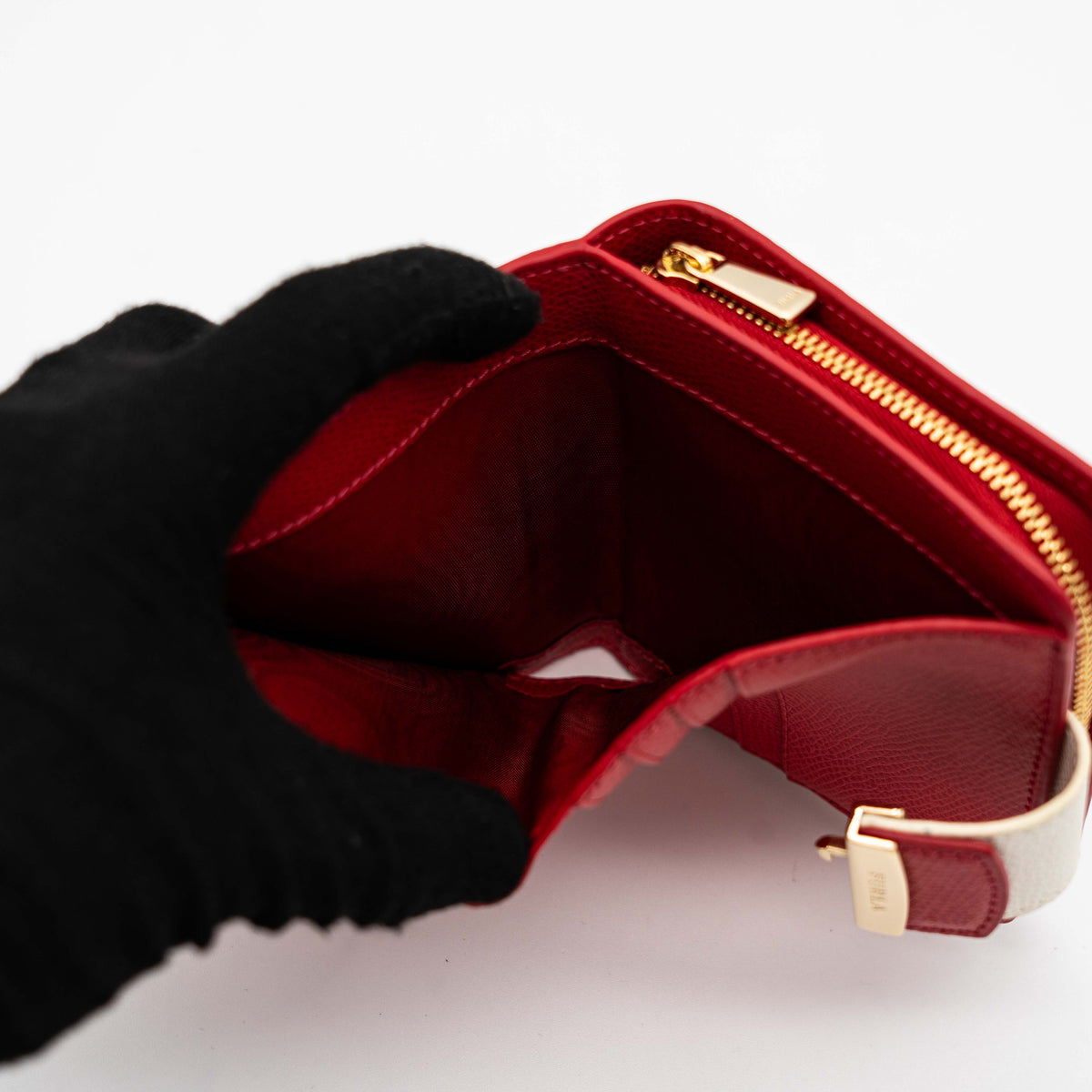 Furla Metropolis Compact Wallet in red leather with gold hardware, shown with original box, dust bag, and cards.