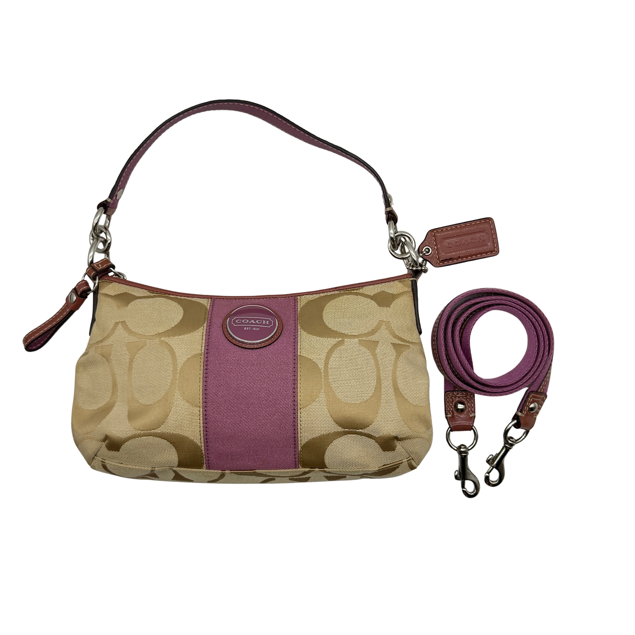 Coach 2Way Signature Stripe Shoulder Bag Beige/Purple