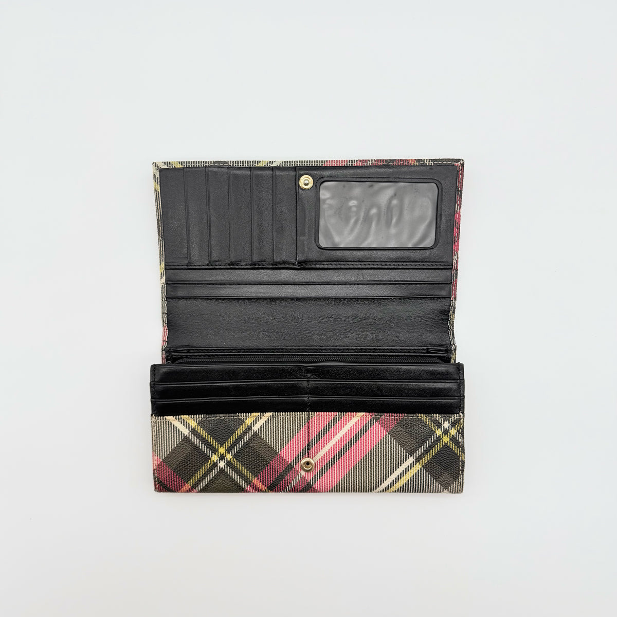 Vivienne Westwood multicolour tartan check long wallet with gold orb logo, shown closed against a white background.