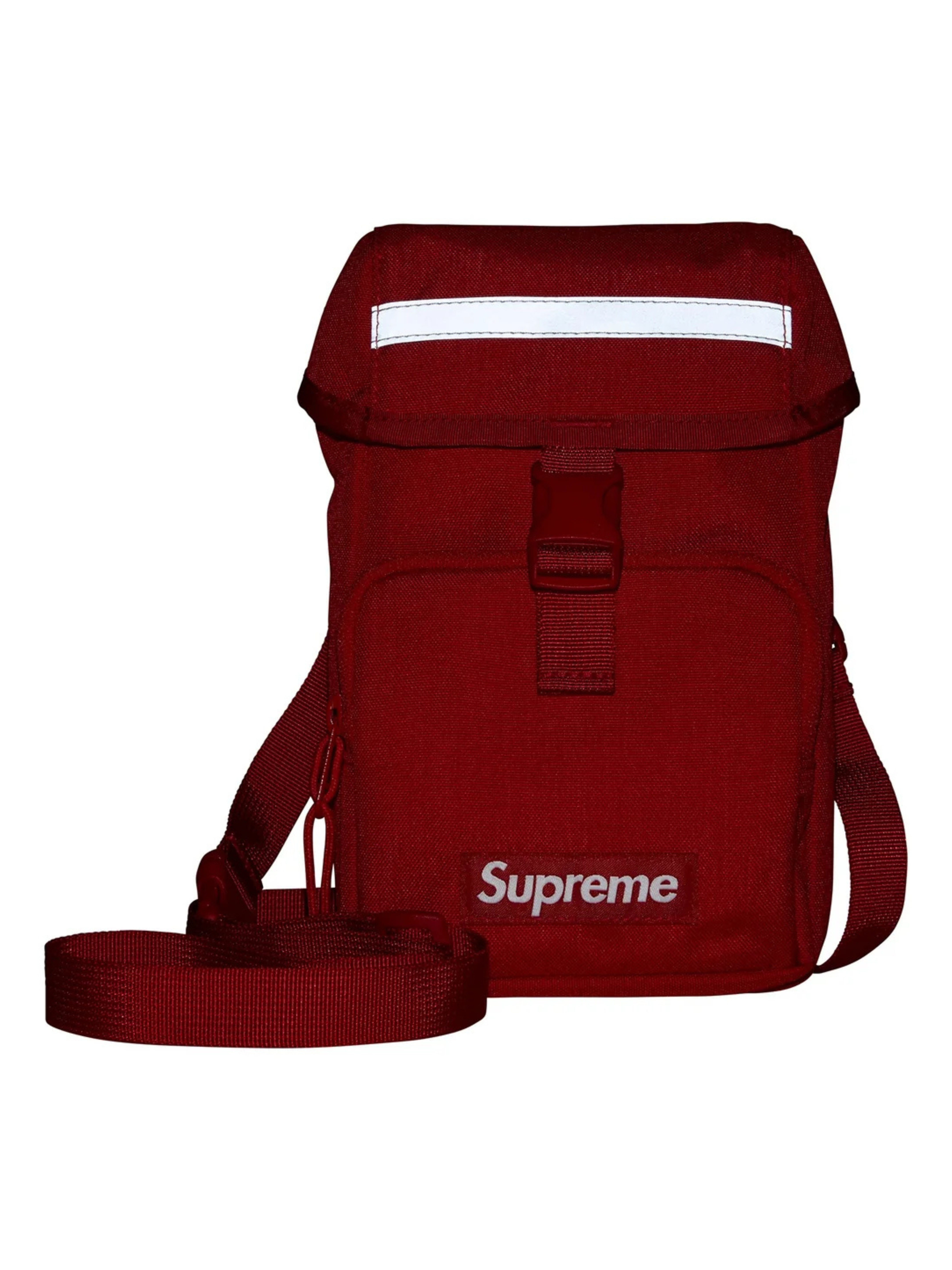 Supreme Camera Bag Red FW24 made from Cordura nylon, with reflective strip, buckle flap, and white box logo