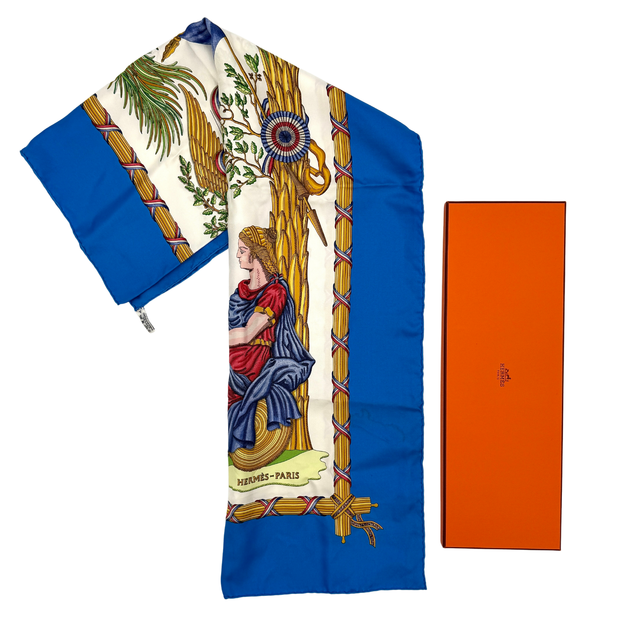 Hermès silk scarf with blue border, featuring a detailed French revolutionary motif and classical figures, shown with its signature orange box.