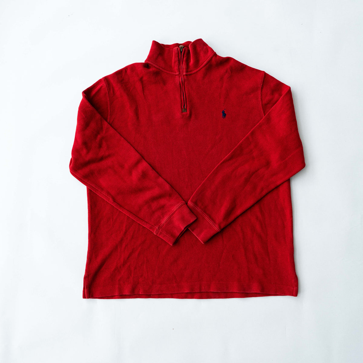 Polo Ralph Lauren red quarter zip mockneck pullover sweater with navy pony embroidery, laid flat on a white background.