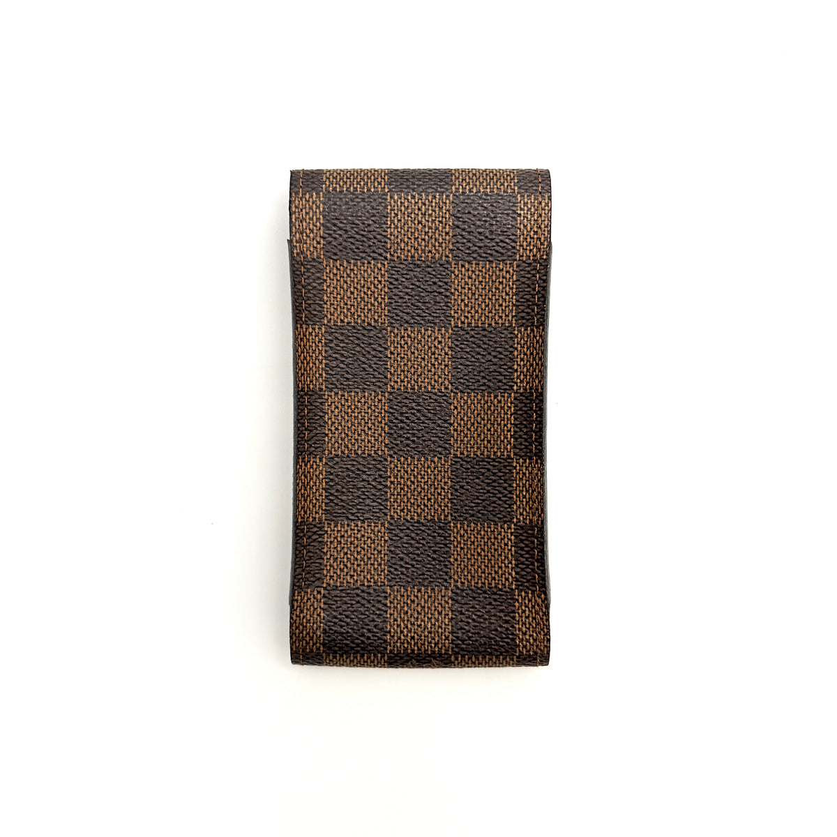 Louis Vuitton Damier Ebene canvas cigarette case with flap closure in brown, shown on a white background.