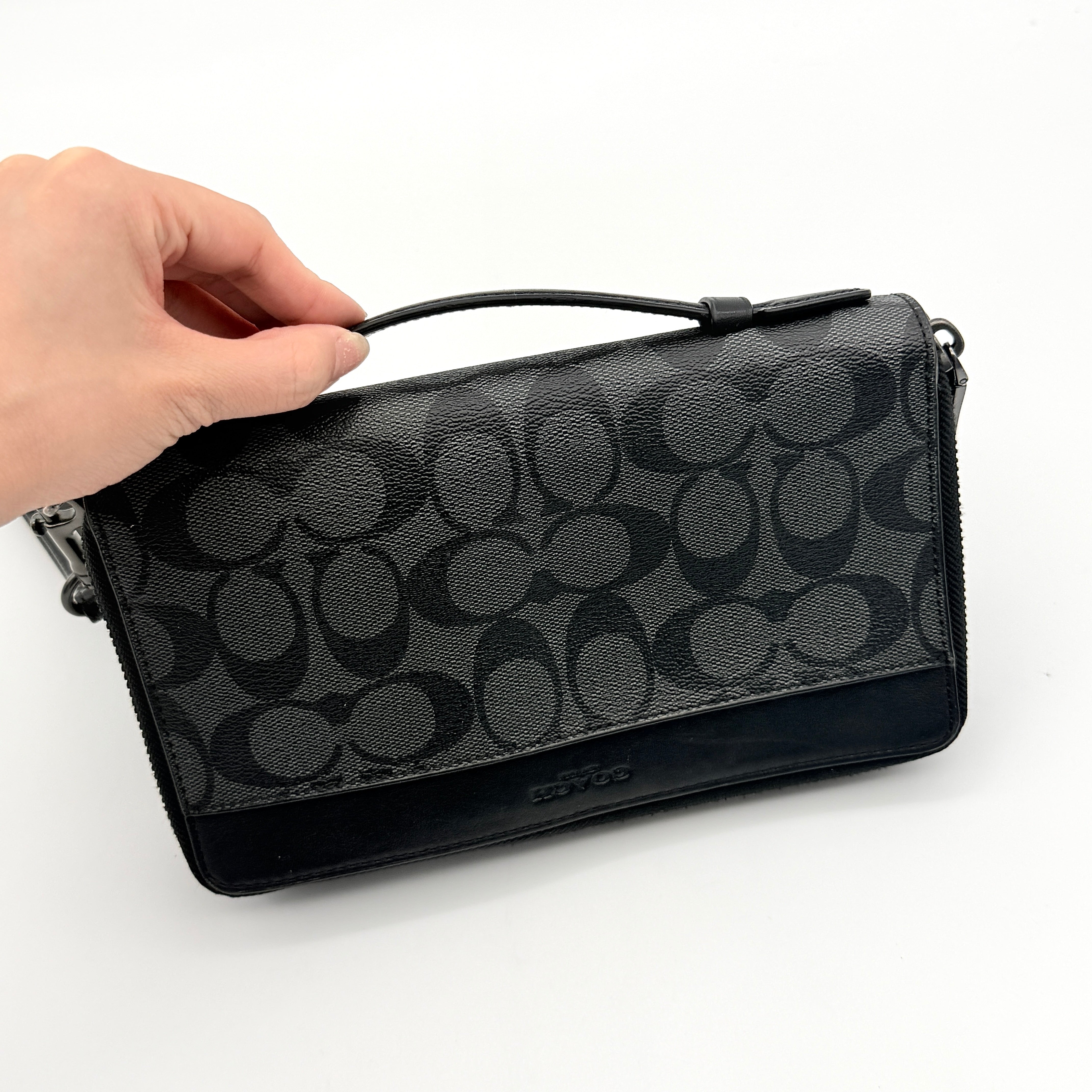 Coach Signature Double Zip Travel Organizer Bag Charcoal Grey/Black