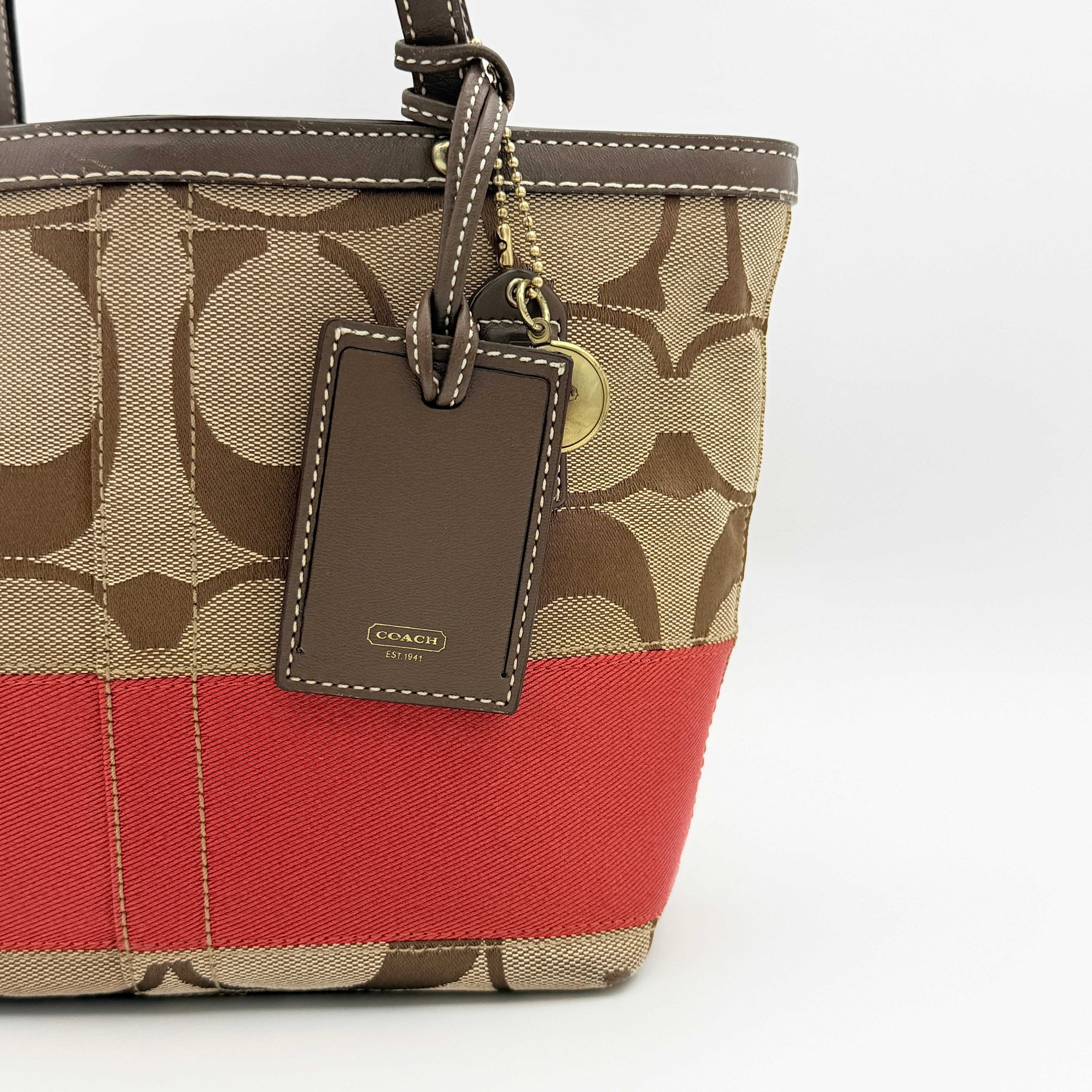 Coach Signature Stripe Tote Bag Beige/Red
