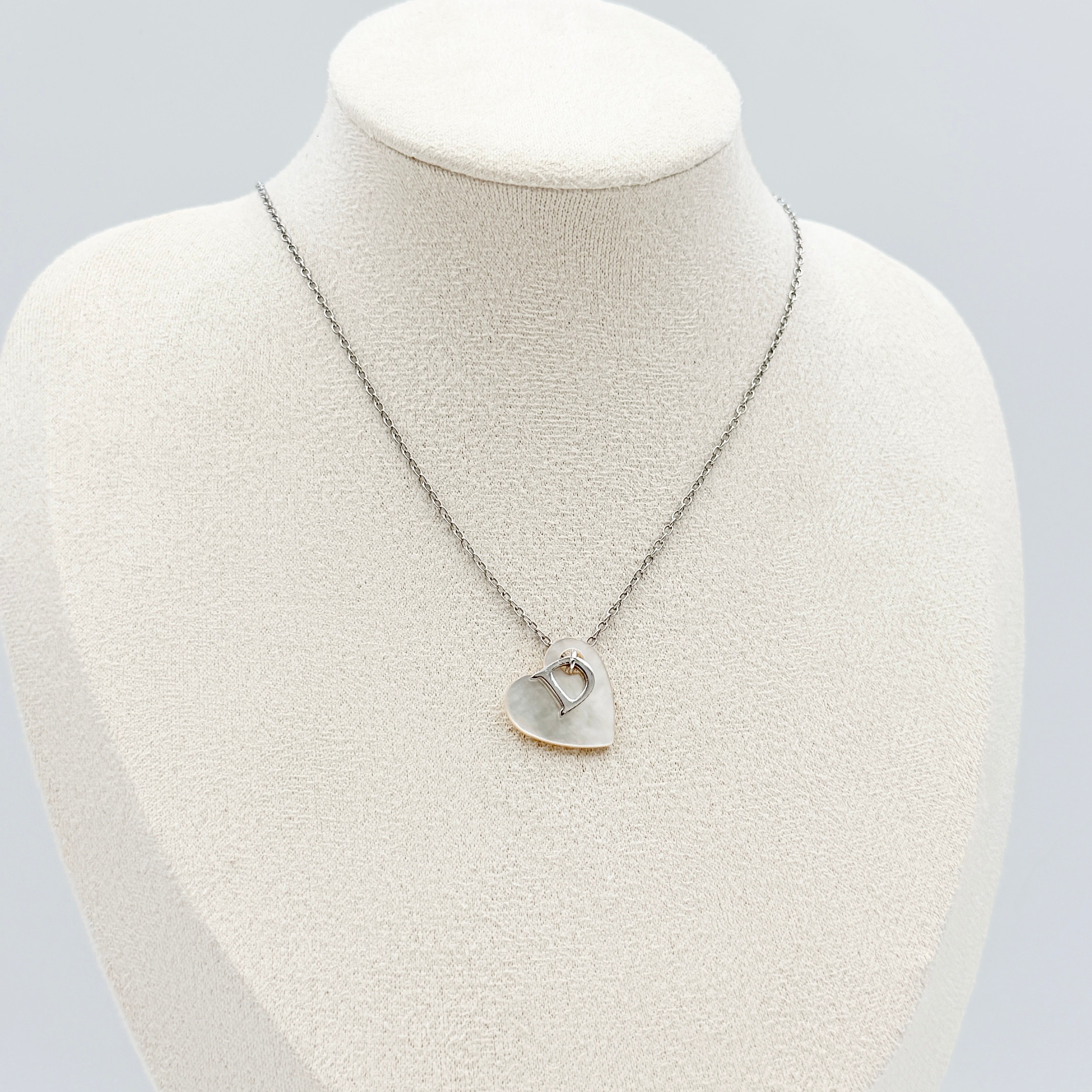 Dior D Logo Heart Mother of Pearl Necklace Silver