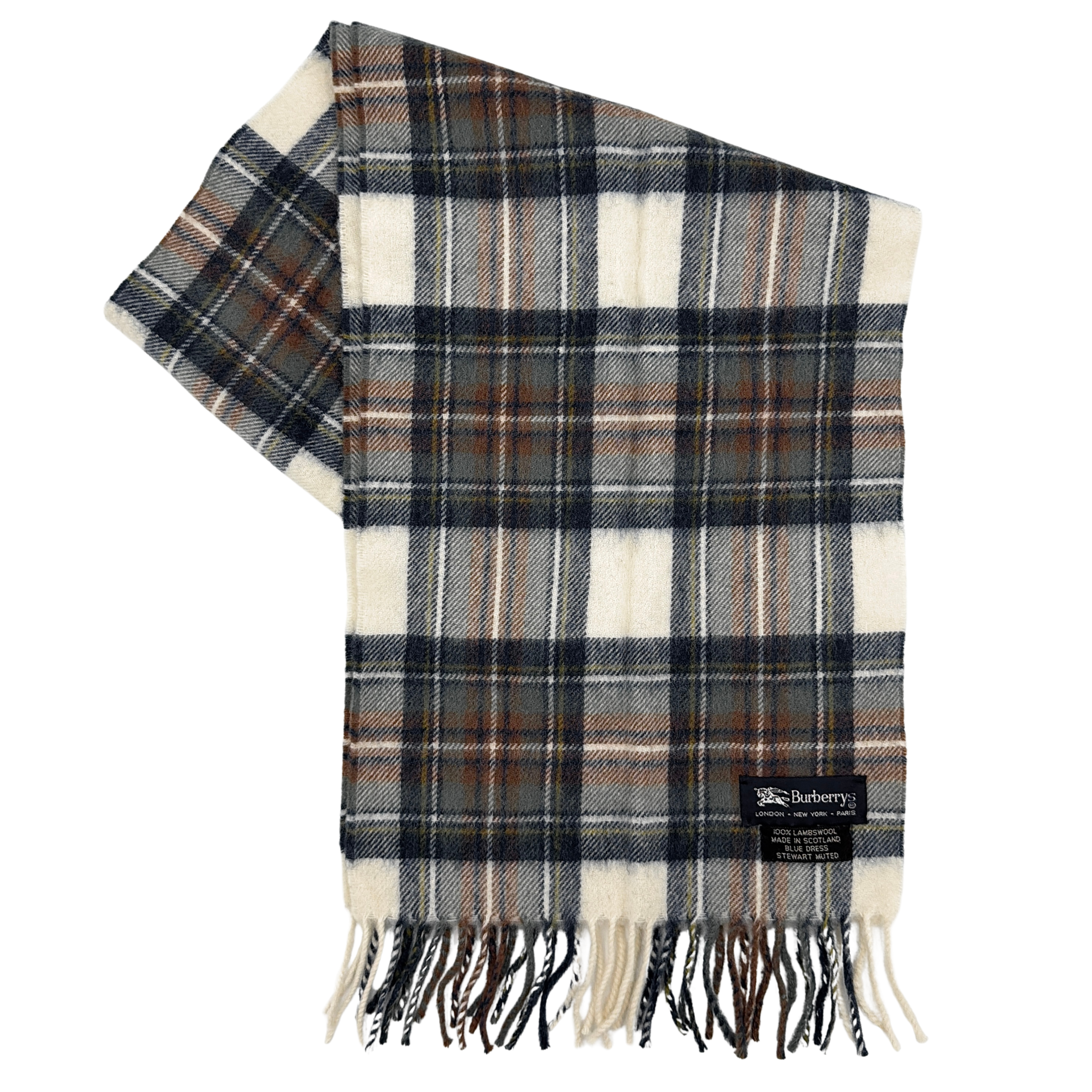 Burberry wool scarf in a muted blue, cream, and grey Stewart tartan, finished with long fringe and a woven heritage label.